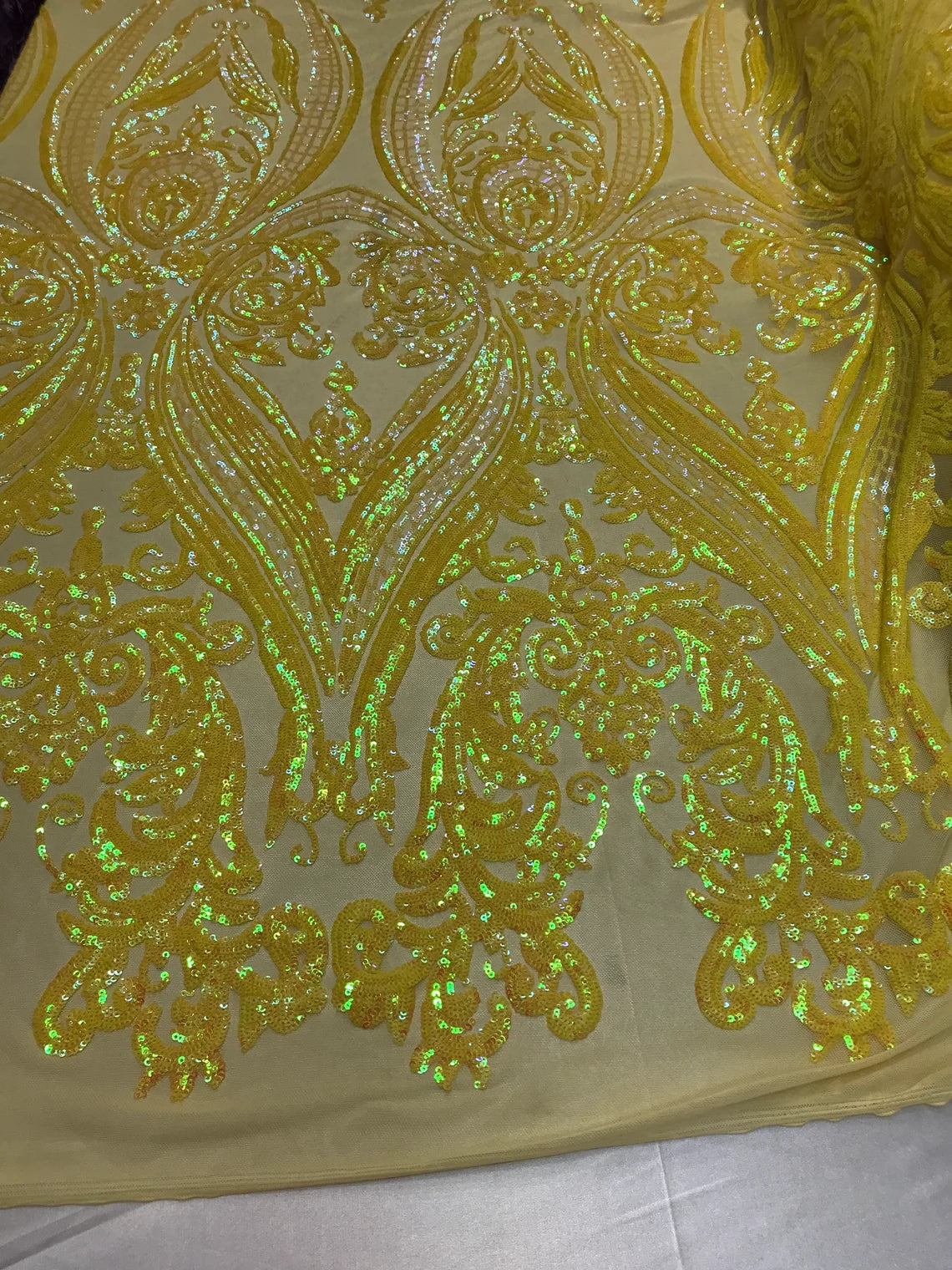 Big Damask 4 Way Sequins - Iridescent Yellow on Yellow - Embroidered Damask Design Sequins Fabric Sold By Yard