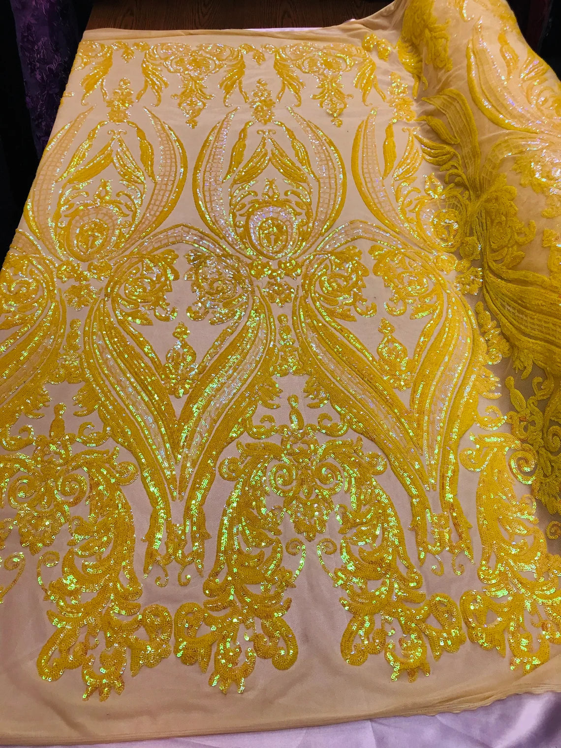 Big Damask 4 Way Sequins - Iridescent Yellow on Yellow - Embroidered Damask Design Sequins Fabric Sold By Yard
