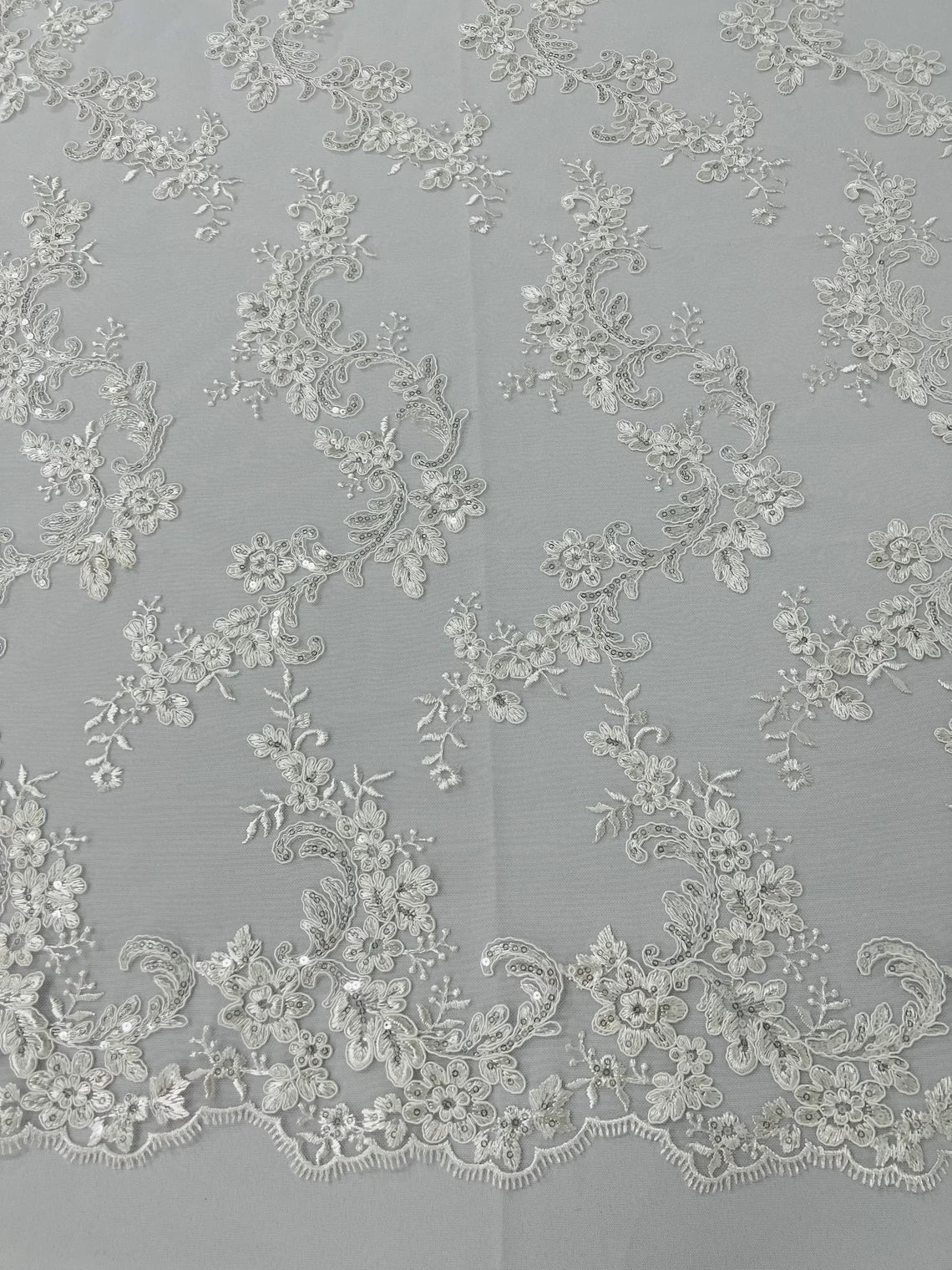 Flower Cluster Lace Sequins Fabric - Ivory - Embroidery Floral Design Lace Fabric By Yard