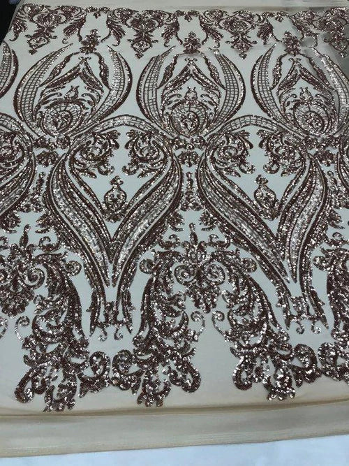 Big Damask 4 Way Sequins - Khaki - Embroidered Damask Design Sequins Fabric Sold By Yard