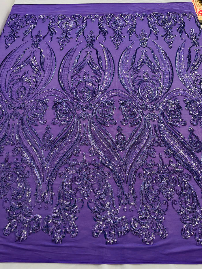 Big Damask 4 Way Sequins - Lilac - Embroidered Damask Design Sequins Fabric Sold By Yard
