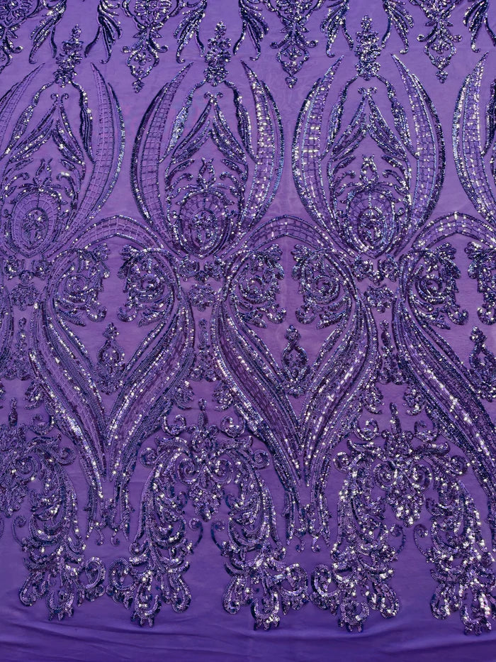 Big Damask 4 Way Sequins - Lilac - Embroidered Damask Design Sequins Fabric Sold By Yard