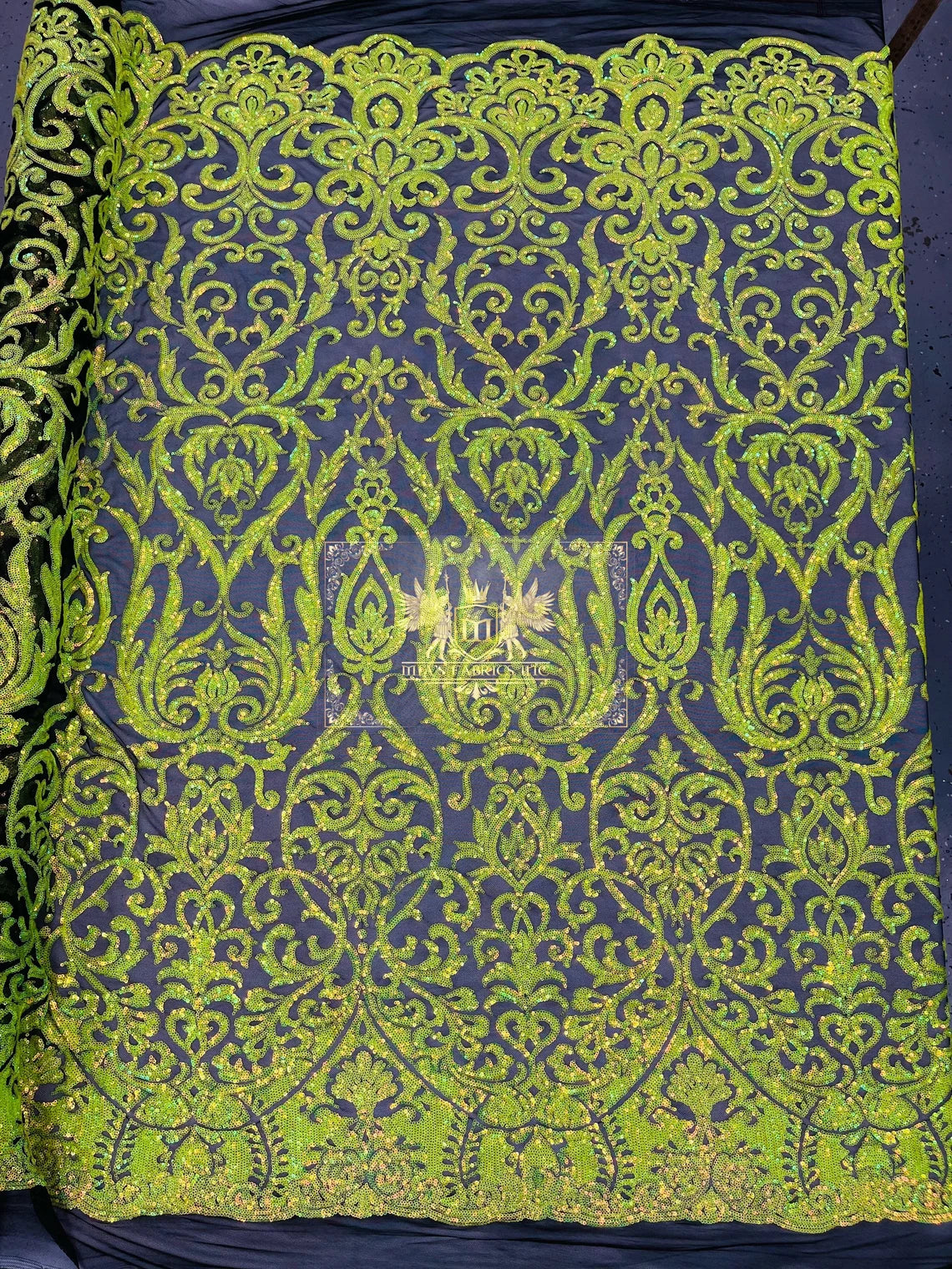 King Damask Design Sequins - Lime Green - 4 Way Stretch Lace Mesh Embroidered Sequins By Yard