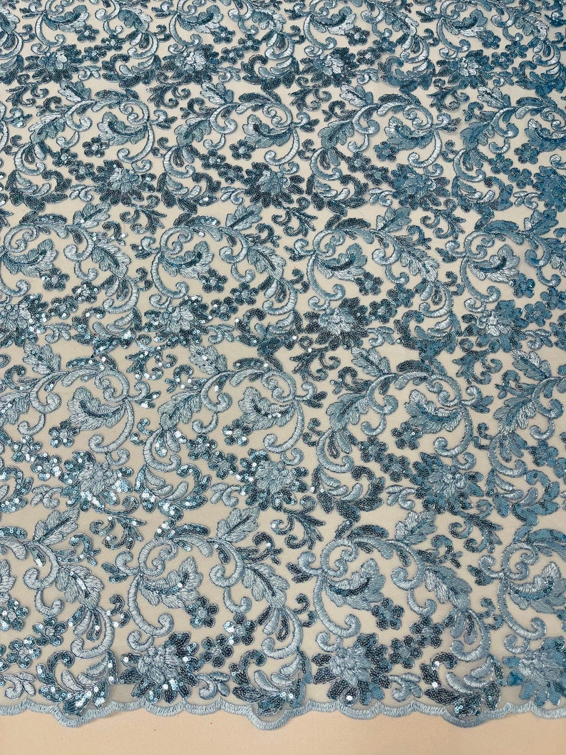 Flower Lace Sequins Corded Fabric - Light Blue - Embroidery Floral Design Lace Fabric By Yard