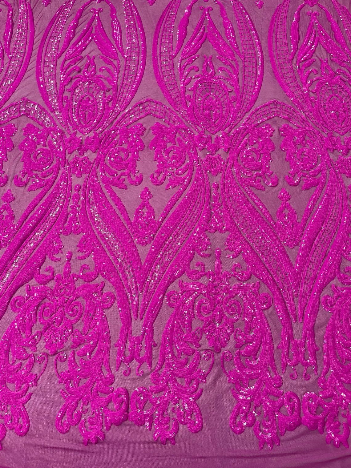 Big Damask 4 Way Sequins - Magenta - Embroidered Damask Design Sequins Fabric Sold By Yard