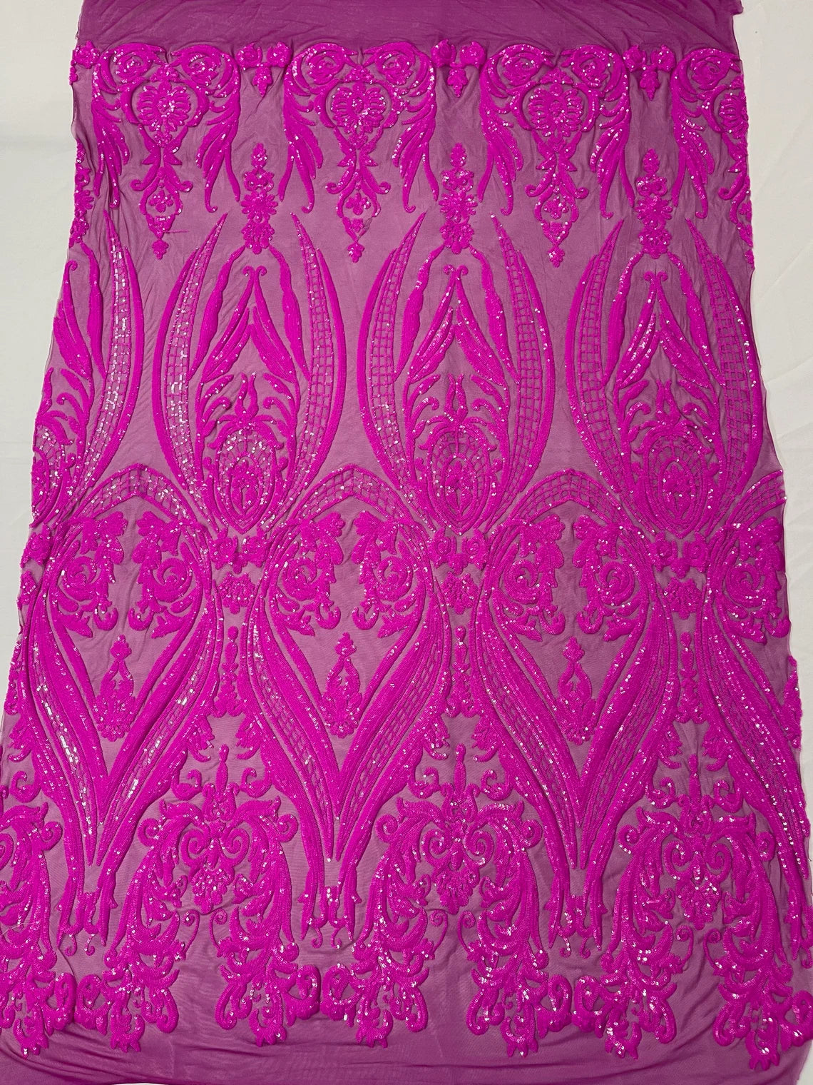 Big Damask 4 Way Sequins - Magenta - Embroidered Damask Design Sequins Fabric Sold By Yard
