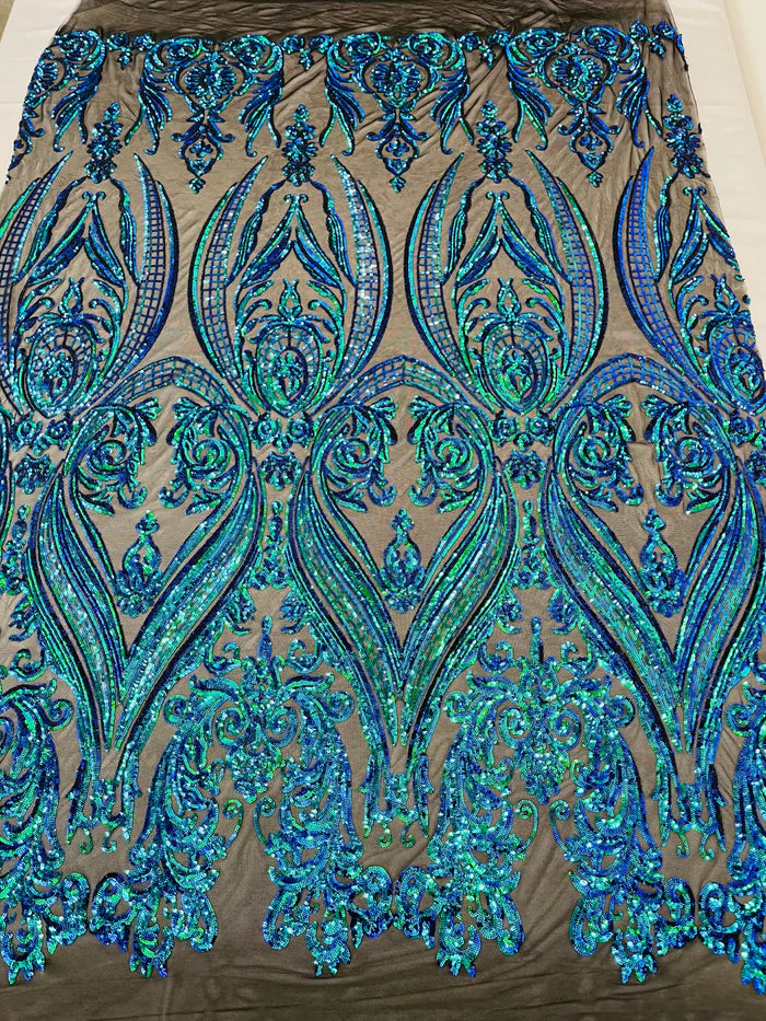 Big Damask 4 Way Sequins - Mermaid Green - Embroidered Damask Design Sequins Fabric Sold By Yard