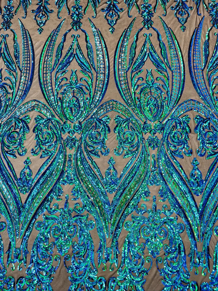 Big Damask 4 Way Sequins - Mermaid Green - Embroidered Damask Design Sequins Fabric Sold By Yard