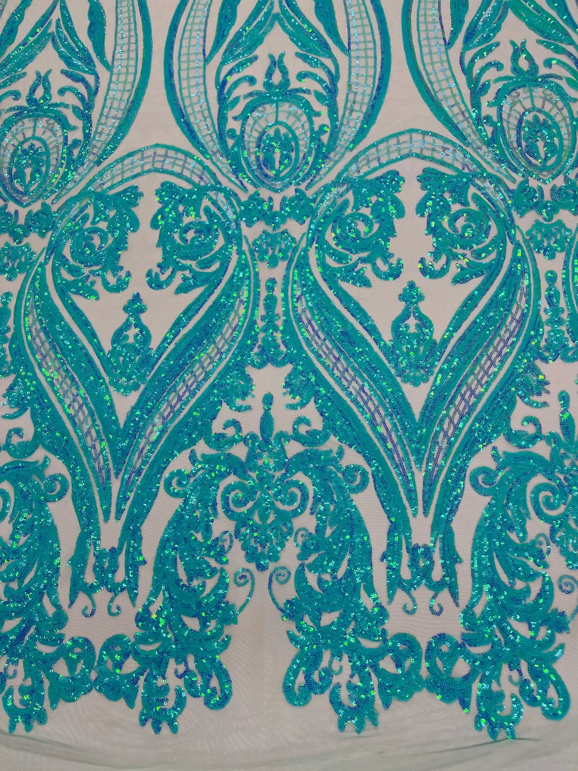 Big Damask 4 Way Sequins - Mint - Embroidered Damask Design Sequins Fabric Sold By Yard