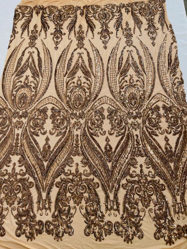 Big Damask 4 Way Sequins - Mocha - Embroidered Damask Design Sequins Fabric Sold By Yard