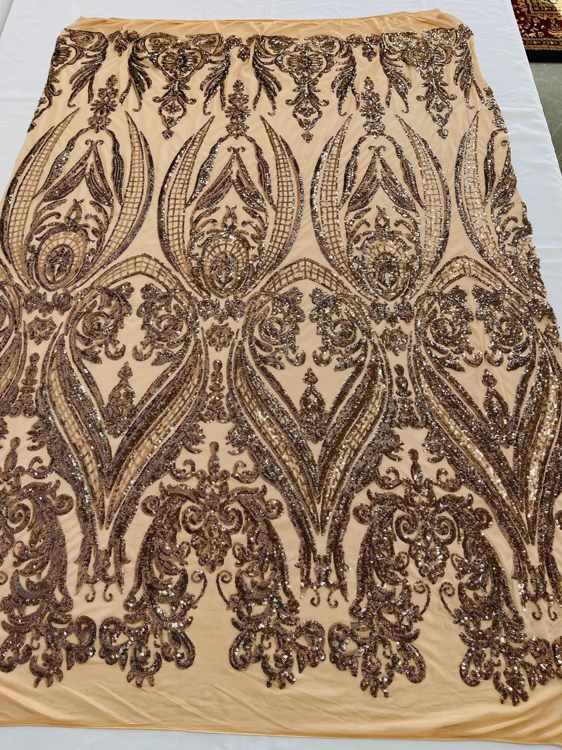 Big Damask 4 Way Sequins - Mocha - Embroidered Damask Design Sequins Fabric Sold By Yard