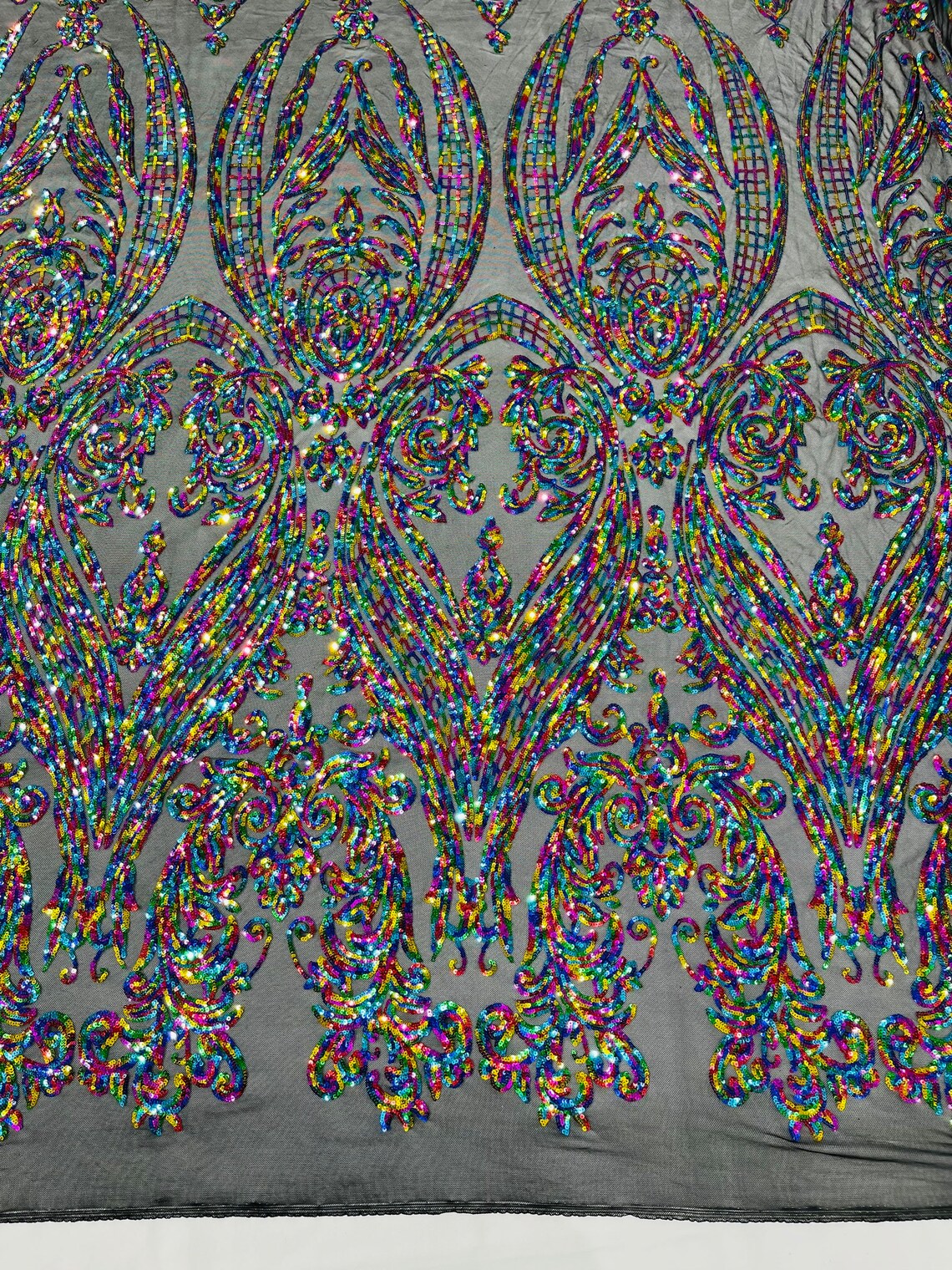 Big Damask 4 Way Sequins - Multi-Color - Embroidered Damask Design Sequins Fabric Sold By Yard