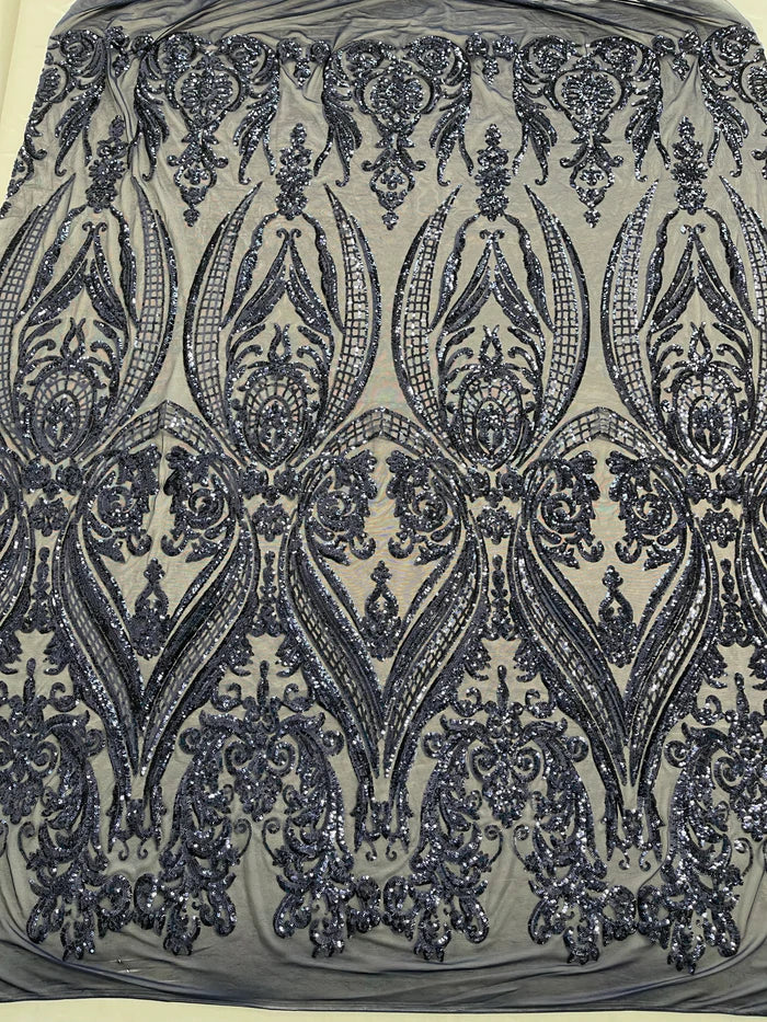 Big Damask 4 Way Sequins - Navy Blue - Embroidered Damask Design Sequins Fabric Sold By Yard