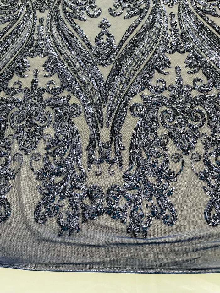 Big Damask 4 Way Sequins - Navy Blue - Embroidered Damask Design Sequins Fabric Sold By Yard