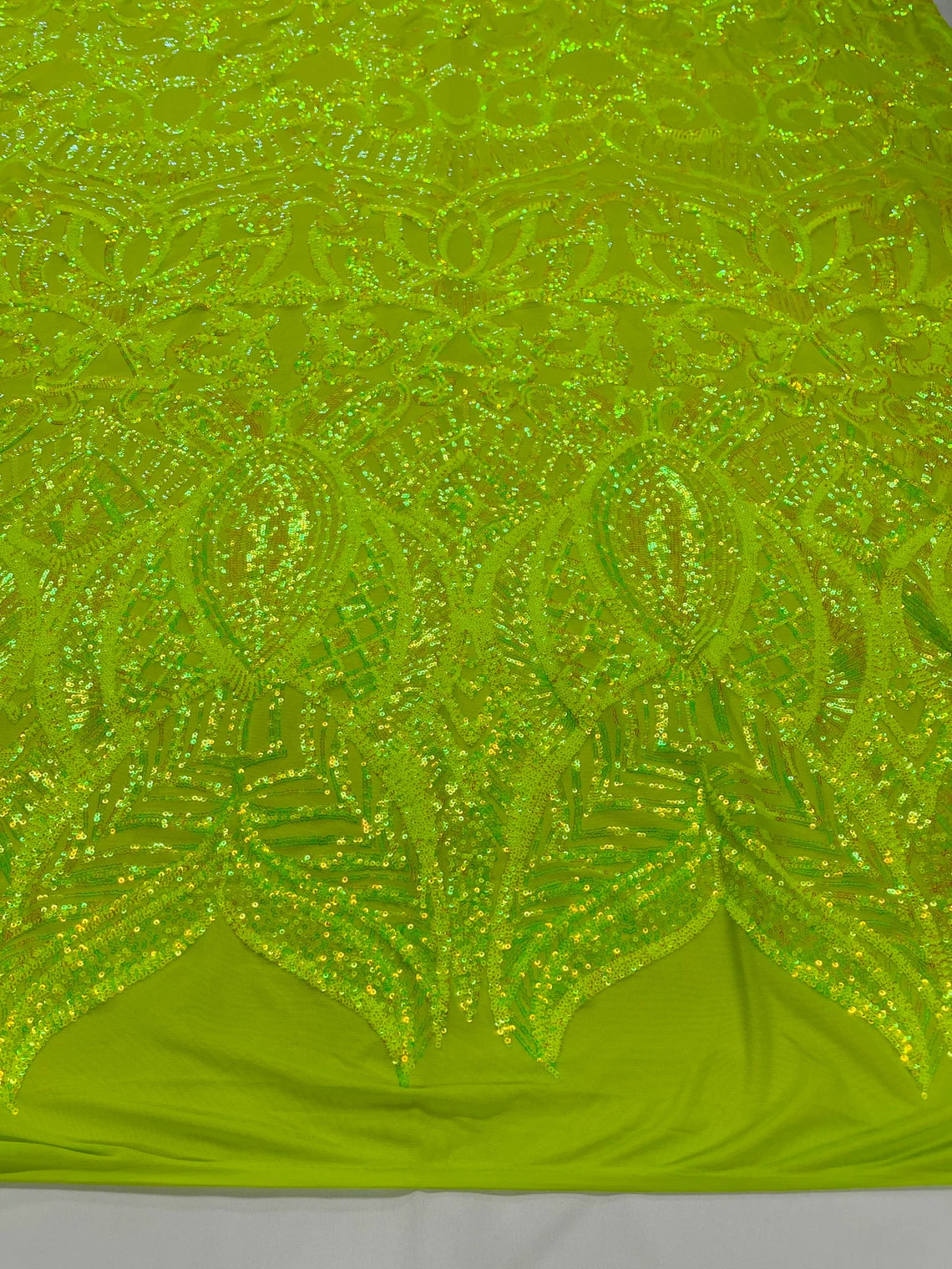 Royalty Damask Sequins Fabric - Neon Green - Fancy Royal Lace Design 4 Way Stretch Sequins By Yard