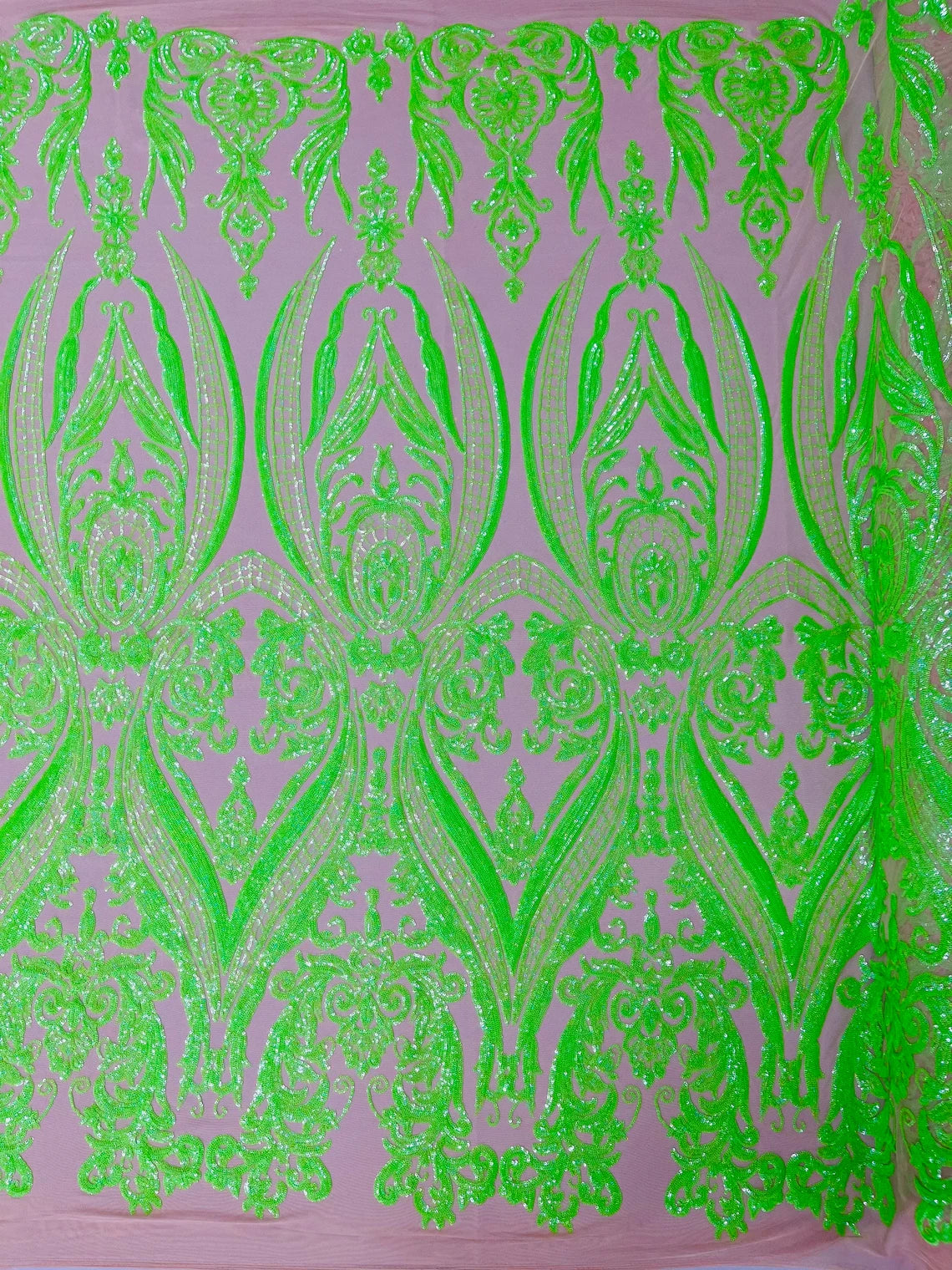 Big Damask 4 Way Sequins - Neon Green on Nude - Embroidered Damask Design Sequins Fabric Sold By Yard
