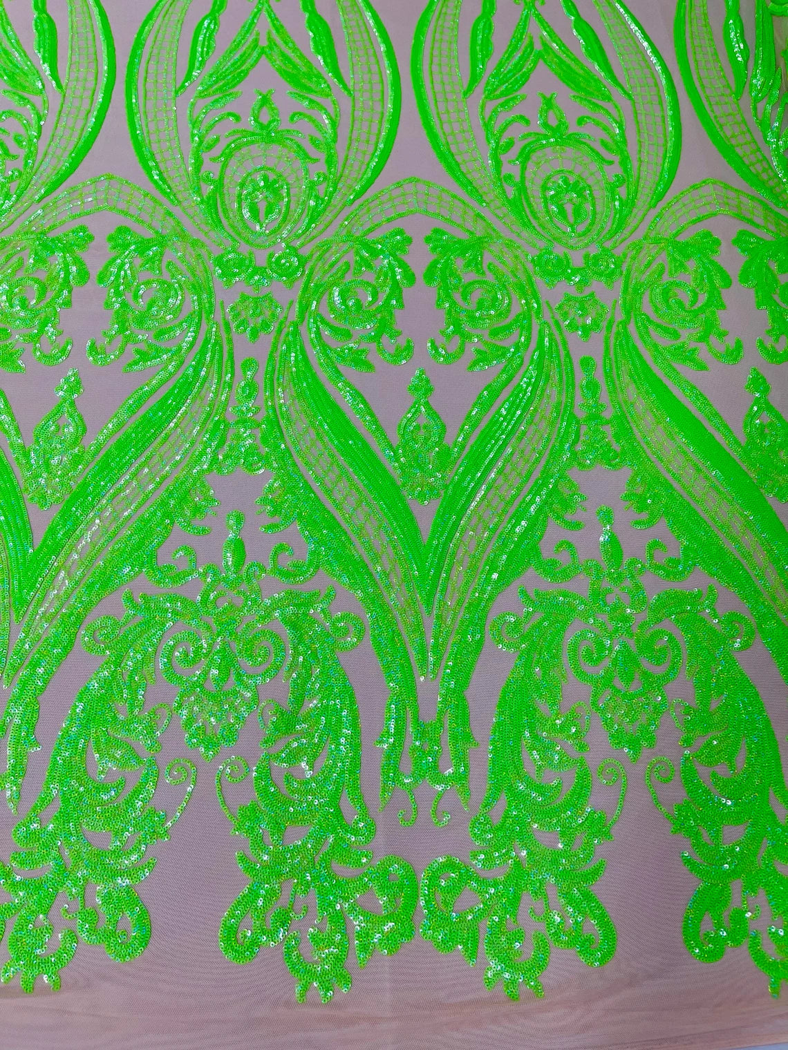 Big Damask 4 Way Sequins - Neon Green on Nude - Embroidered Damask Design Sequins Fabric Sold By Yard