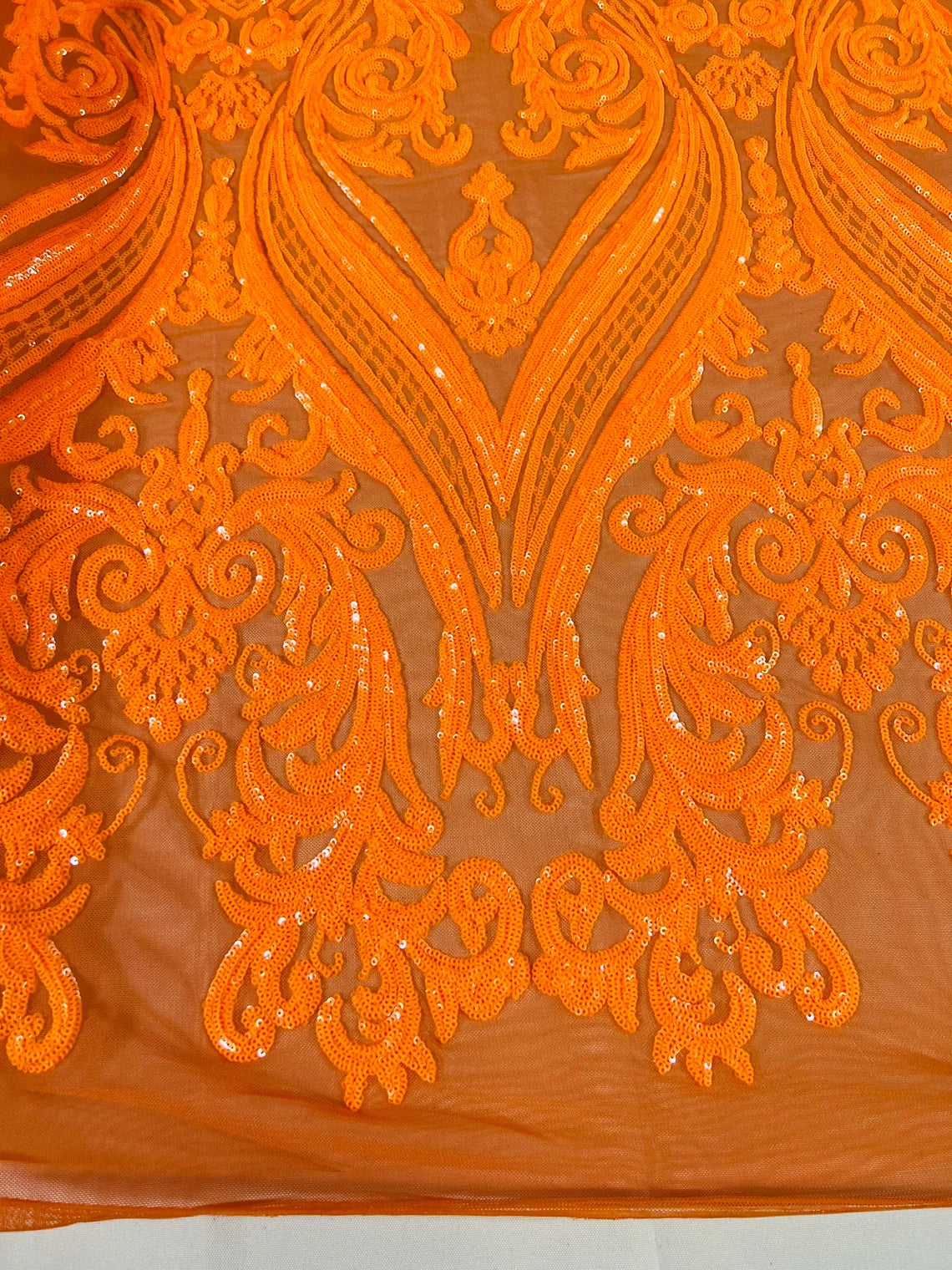 Big Damask 4 Way Sequins - Neon Orange - Embroidered Damask Design Sequins Fabric Sold By Yard