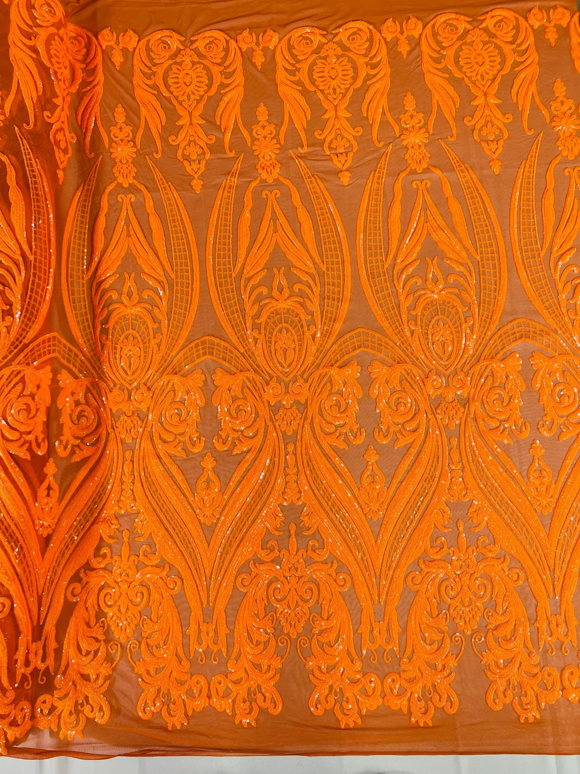 Big Damask 4 Way Sequins - Neon Orange - Embroidered Damask Design Sequins Fabric Sold By Yard