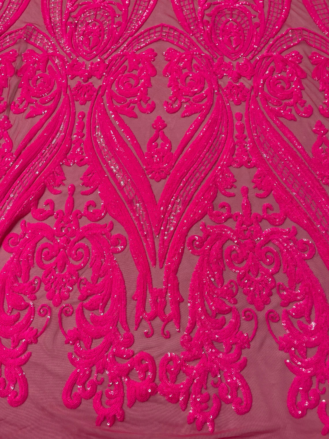 Big Damask 4 Way Sequins - Neon Pink - Embroidered Damask Design Sequins Fabric Sold By Yard