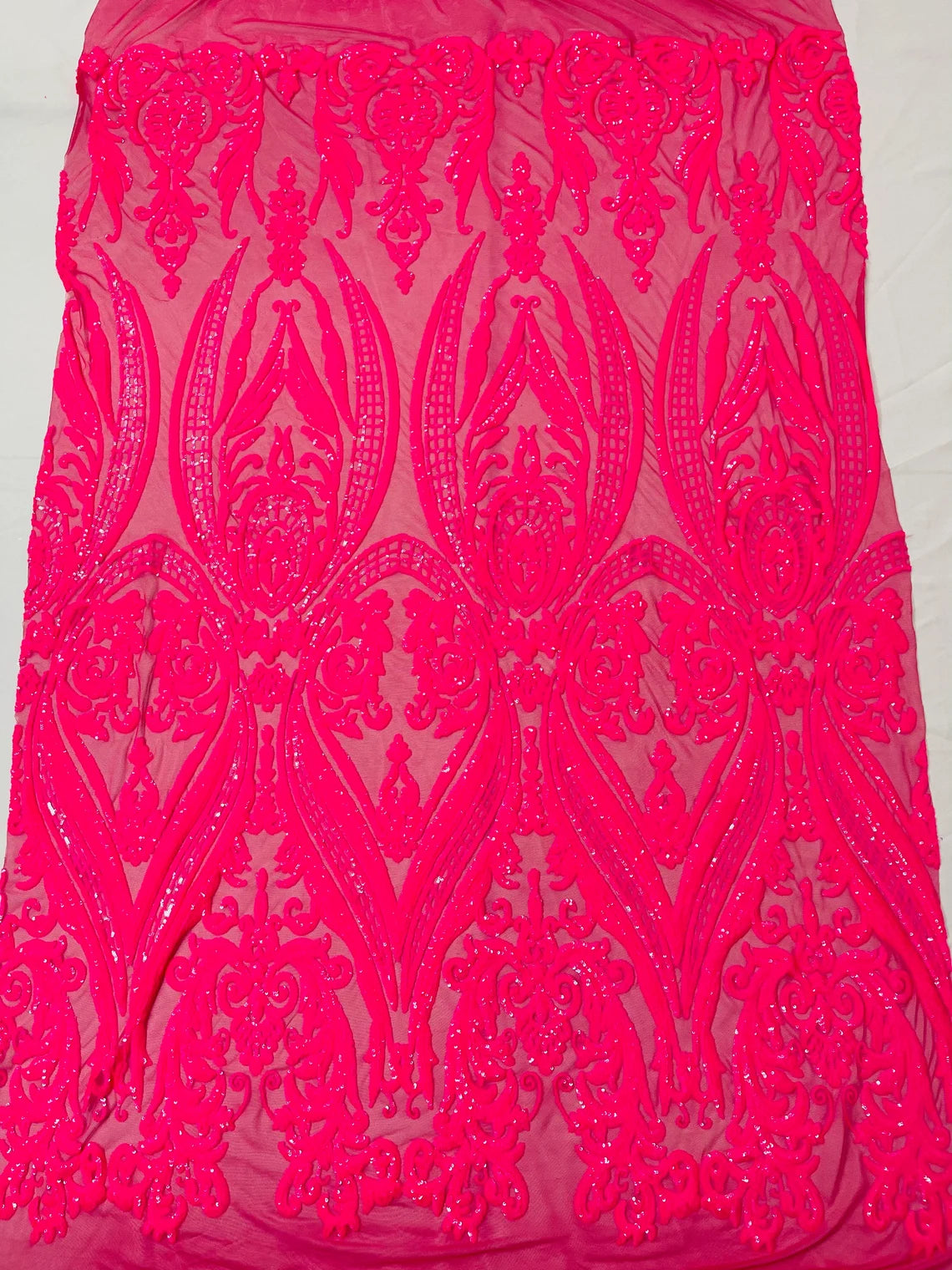 Big Damask 4 Way Sequins - Neon Pink - Embroidered Damask Design Sequins Fabric Sold By Yard