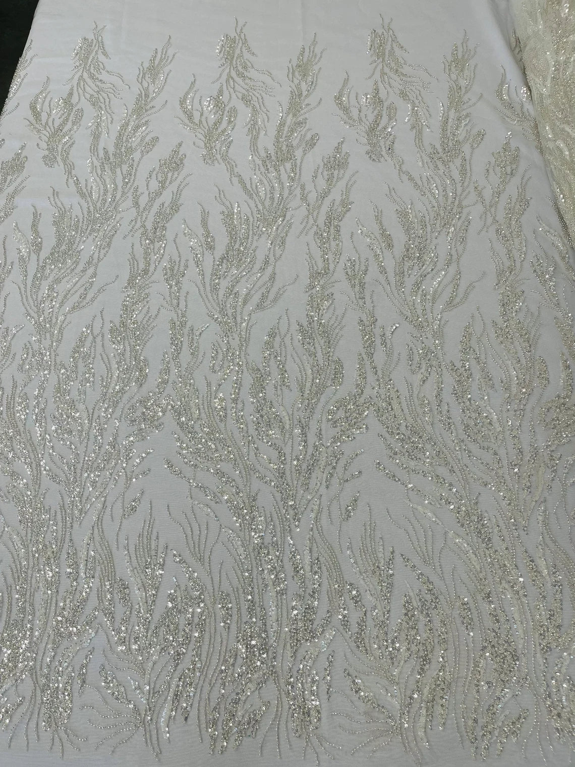 Wild Grass Design Bead Fabric - Off-White - Embroidered Beaded Wild Grass Plant Design Fabric By Yard