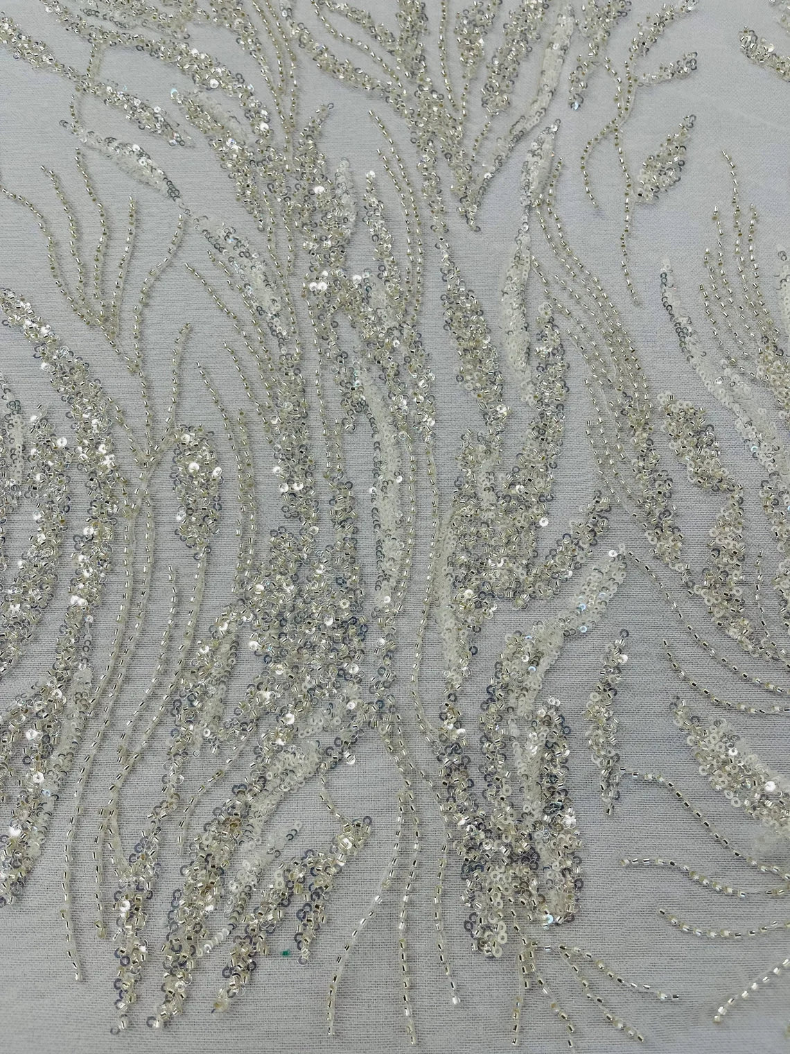 Wild Grass Design Bead Fabric - Off-White - Embroidered Beaded Wild Grass Plant Design Fabric By Yard