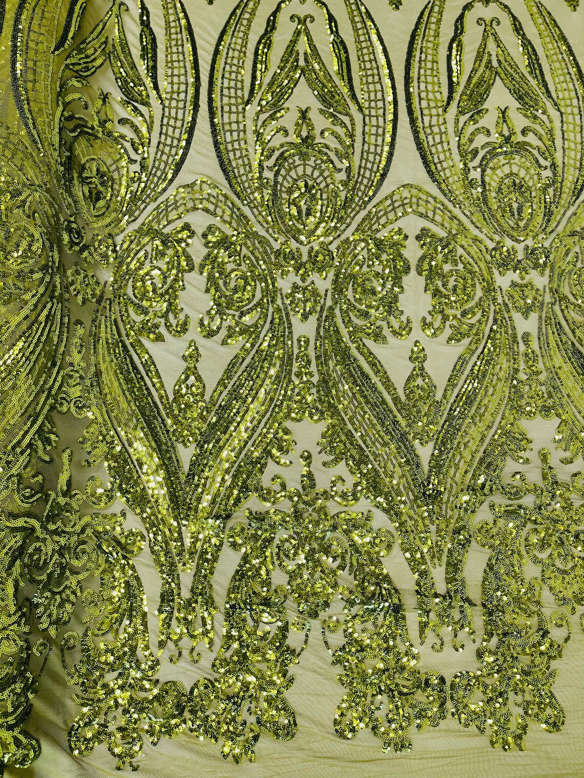 Big Damask 4 Way Sequins - Olive Green - Embroidered Damask Design Sequins Fabric Sold By Yard