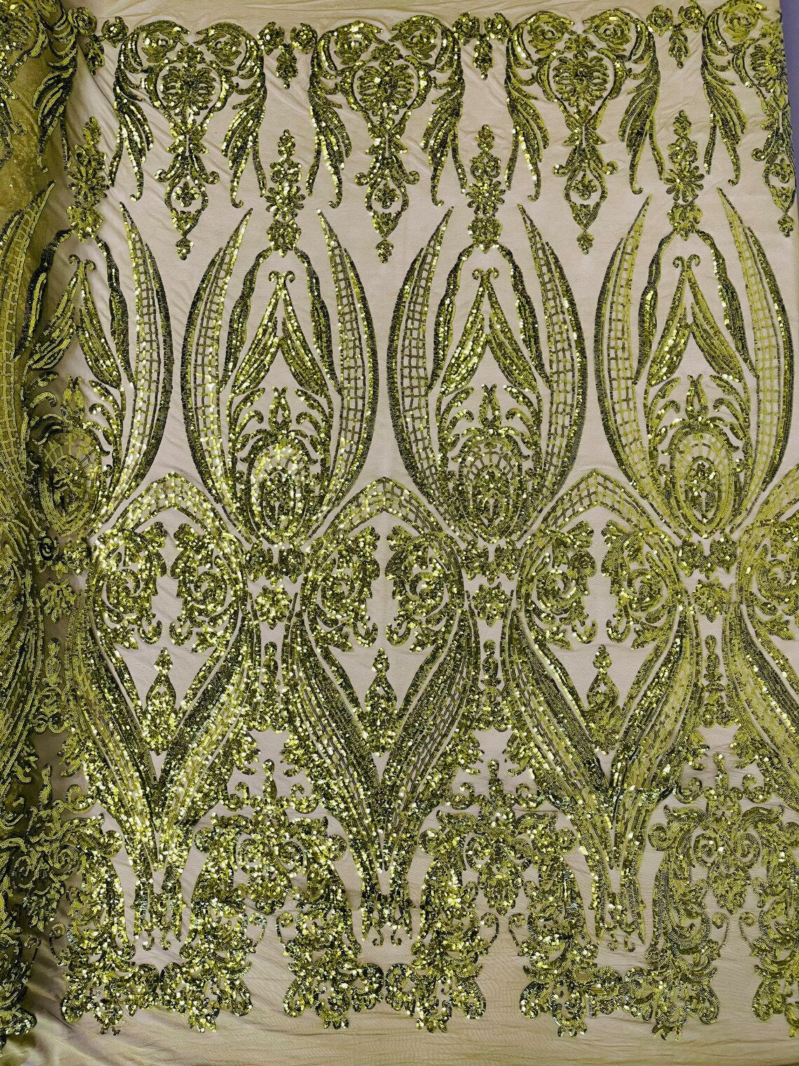 Big Damask 4 Way Sequins - Olive Green - Embroidered Damask Design Sequins Fabric Sold By Yard