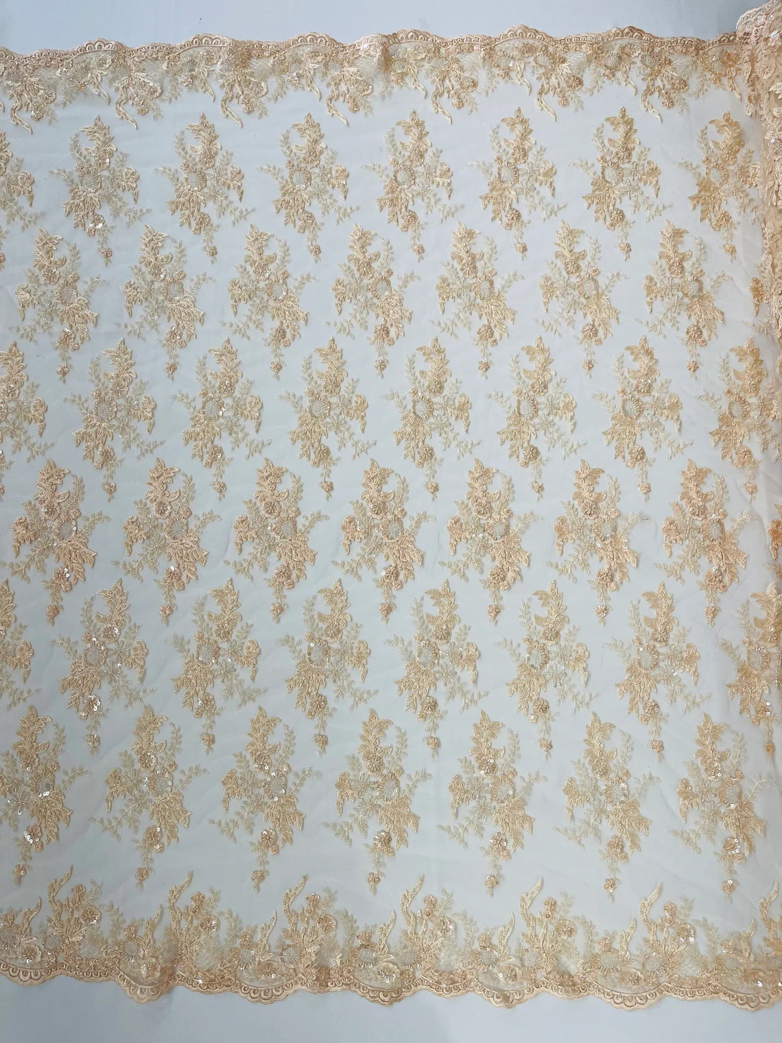 Floral Leaf Bead Sequins Fabric - Peach - Embroidered Flower and Leaves Design Fabric By Yard