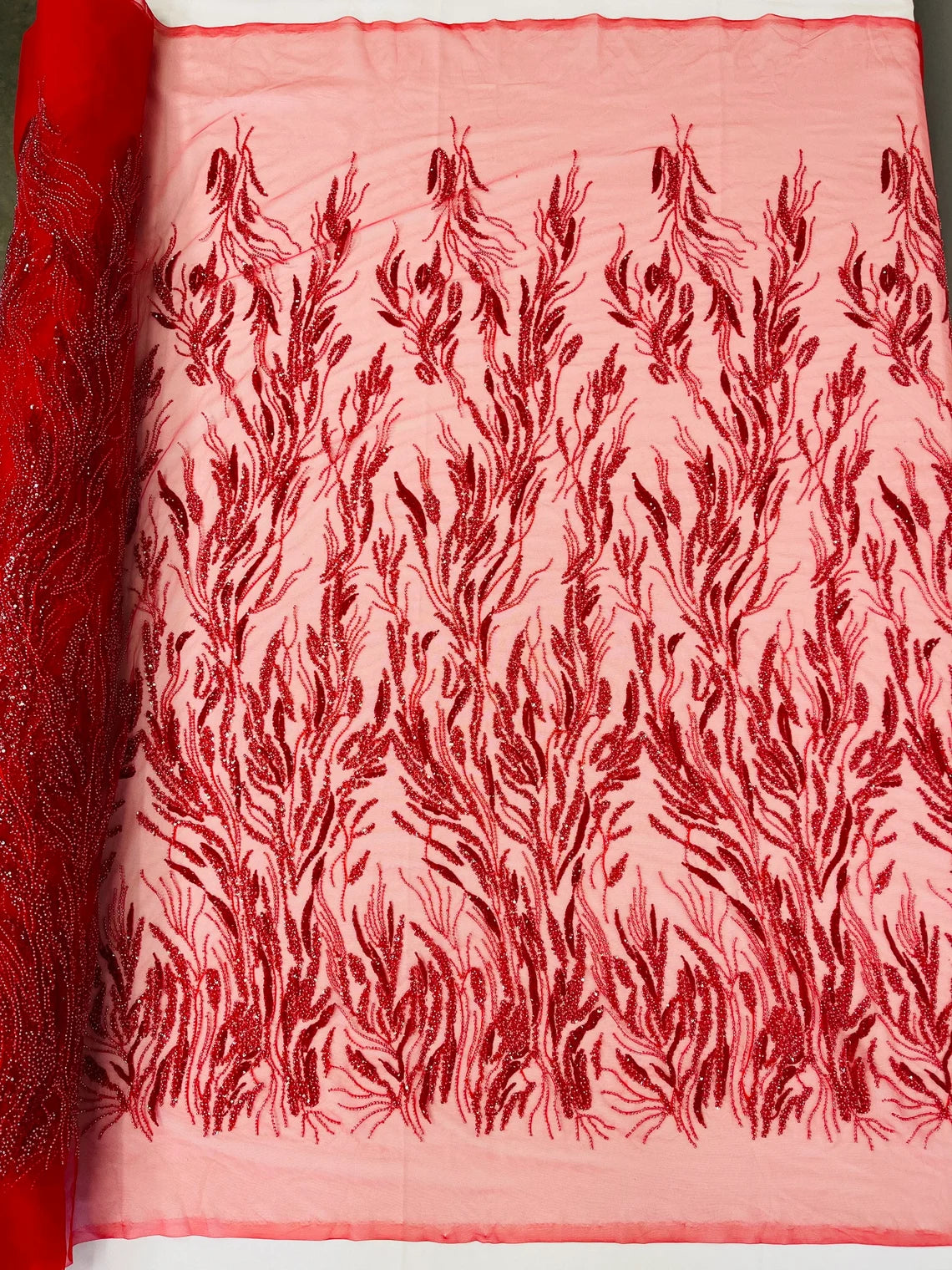 Wild Grass Design Bead Fabric - Red - Embroidered Beaded Wild Grass Plant Design Fabric By Yard