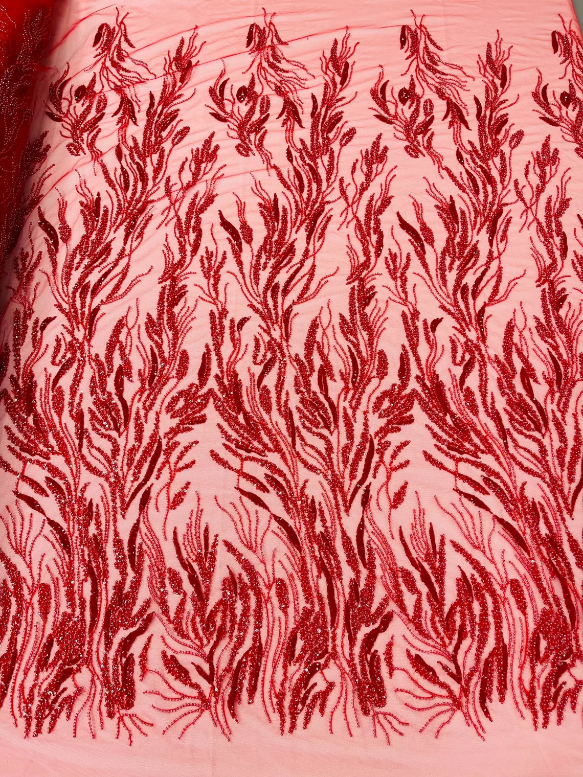 Wild Grass Design Bead Fabric - Red - Embroidered Beaded Wild Grass Plant Design Fabric By Yard