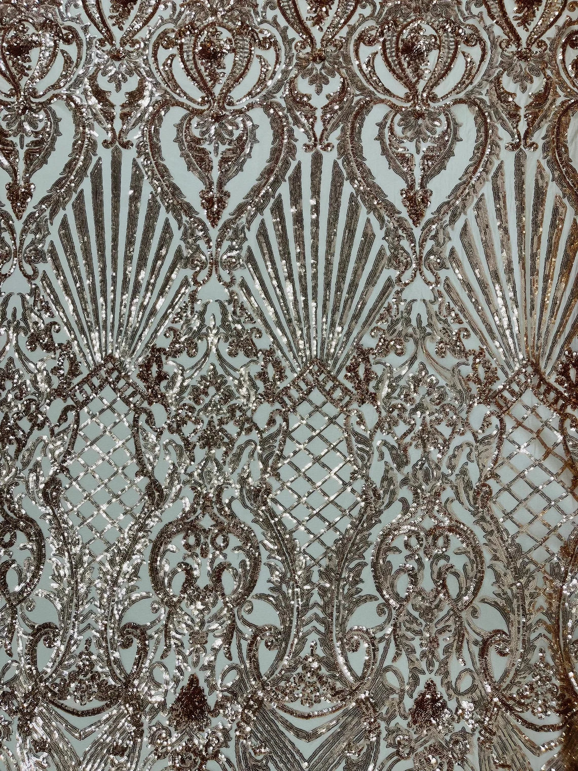 Seashell Geometric Sequins - Rose Gold - Embroidered Sequins on 4 Way Stretch Lace Mesh Sold By Yard