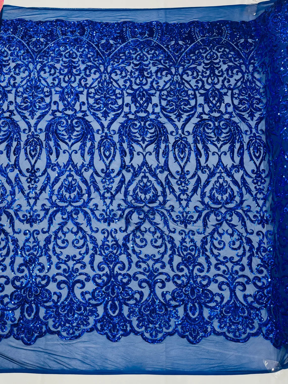 King Damask Design Sequins - Royal Blue - 4 Way Stretch Lace Mesh Embroidered Sequins By Yard