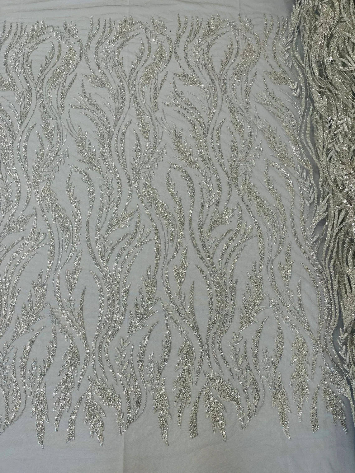 Wavy Beaded Leaf Fabric - Silver - Embroidered Beaded Leaf Pattern Lace Fabric Sold By The Yard