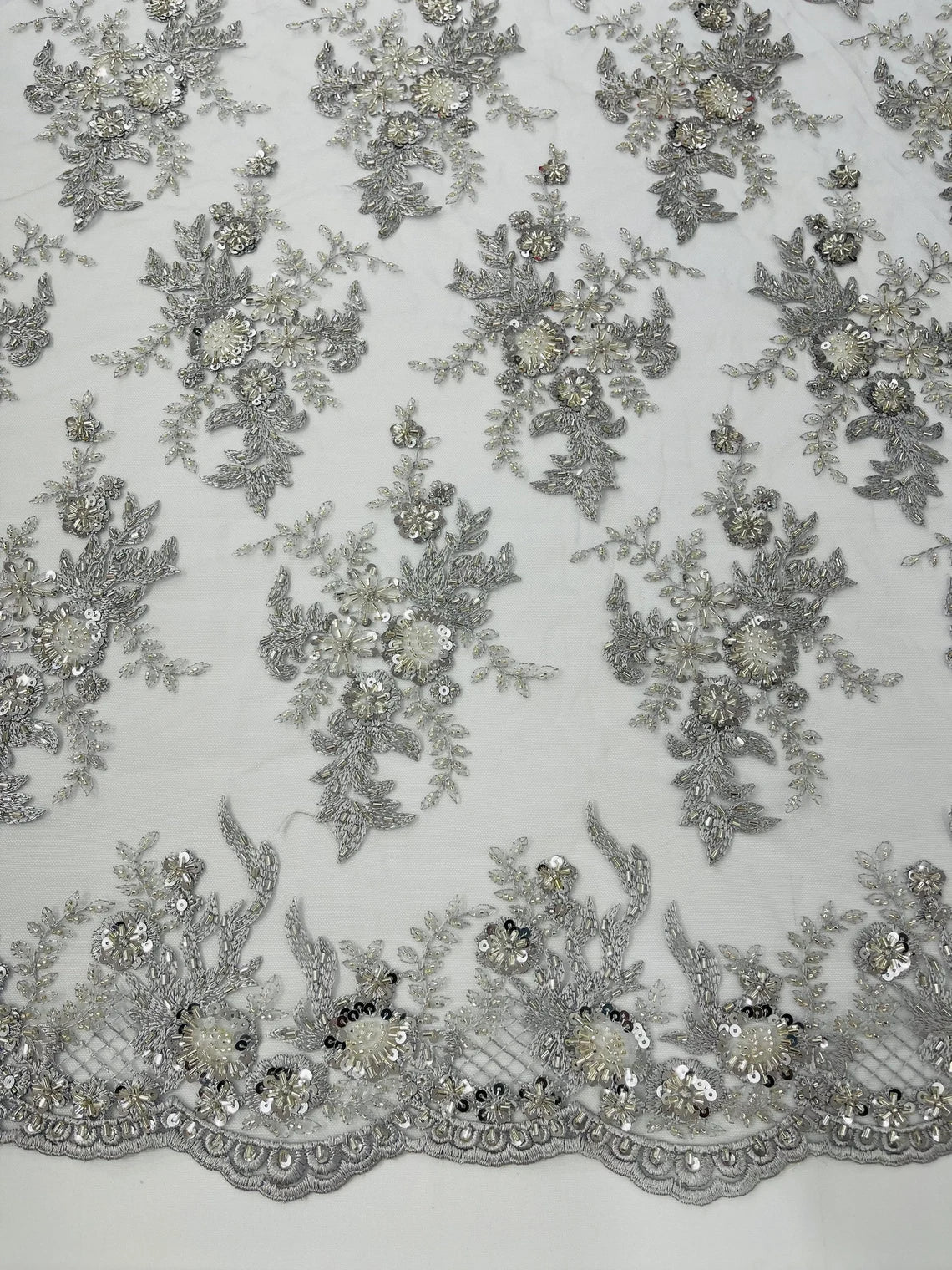 Floral Leaf Bead Sequins Fabric - Silver - Embroidered Flower and Leaves Design Fabric By Yard