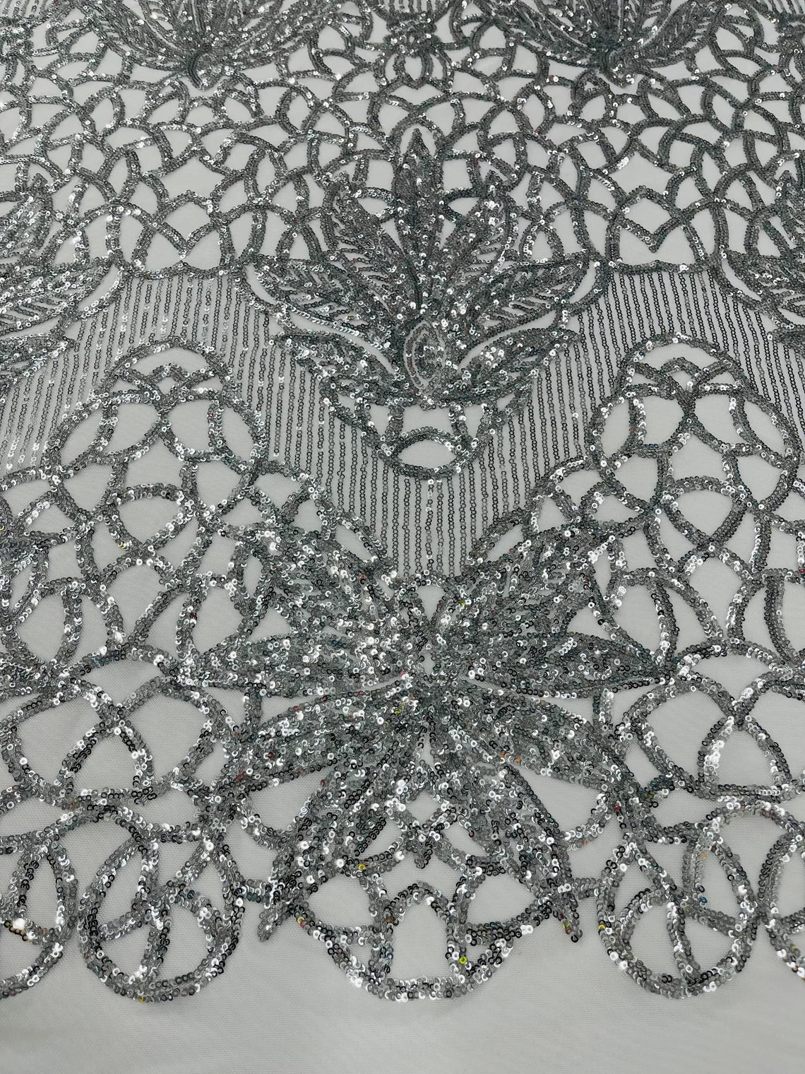 Gorgeous Star Leaf Fabric - Silver - Leaf Design Embroidered 4 Way Stretch Sequins Fabric By Yard