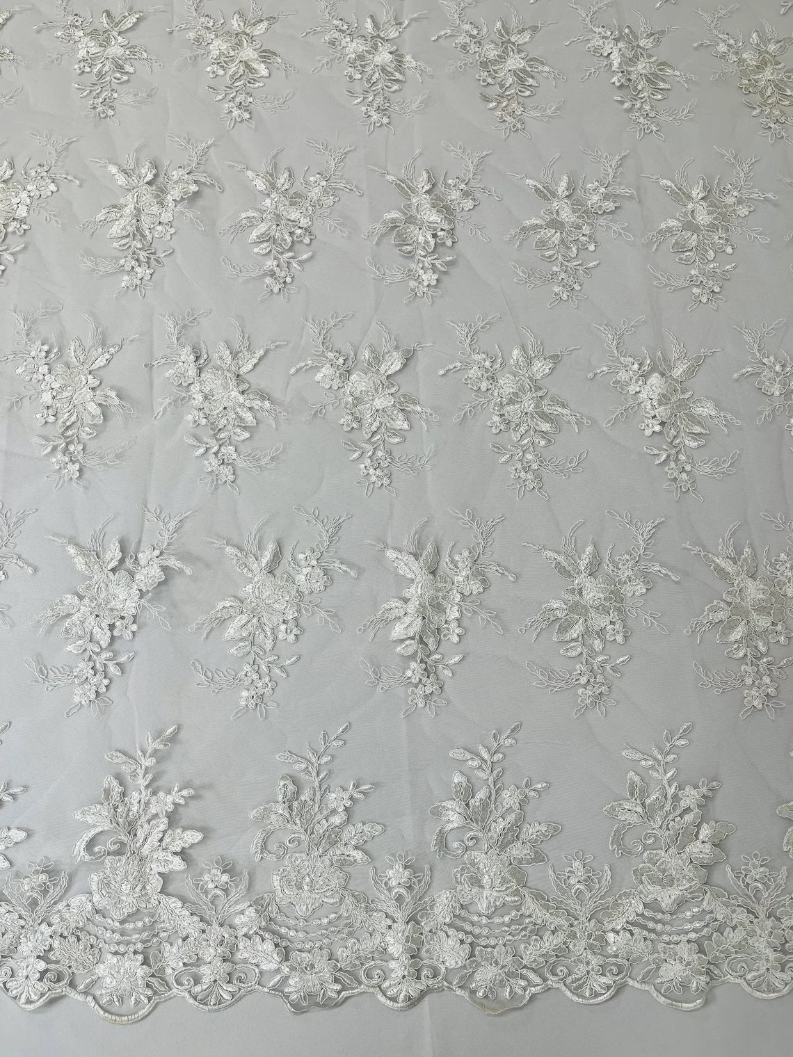 Flower Lace Sequins Fabric - White - Floral Pattern Sequins Embroidered Fabric By Yard