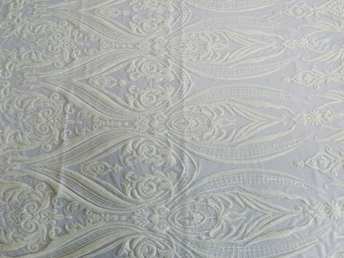 Big Damask 4 Way Sequins - White - Embroidered Damask Design Sequins Fabric Sold By Yard