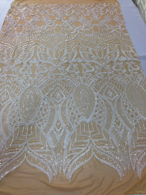Royalty Damask Sequins Fabric - White on Nude - Fancy Royal Lace Design 4 Way Stretch Sequins By Yard