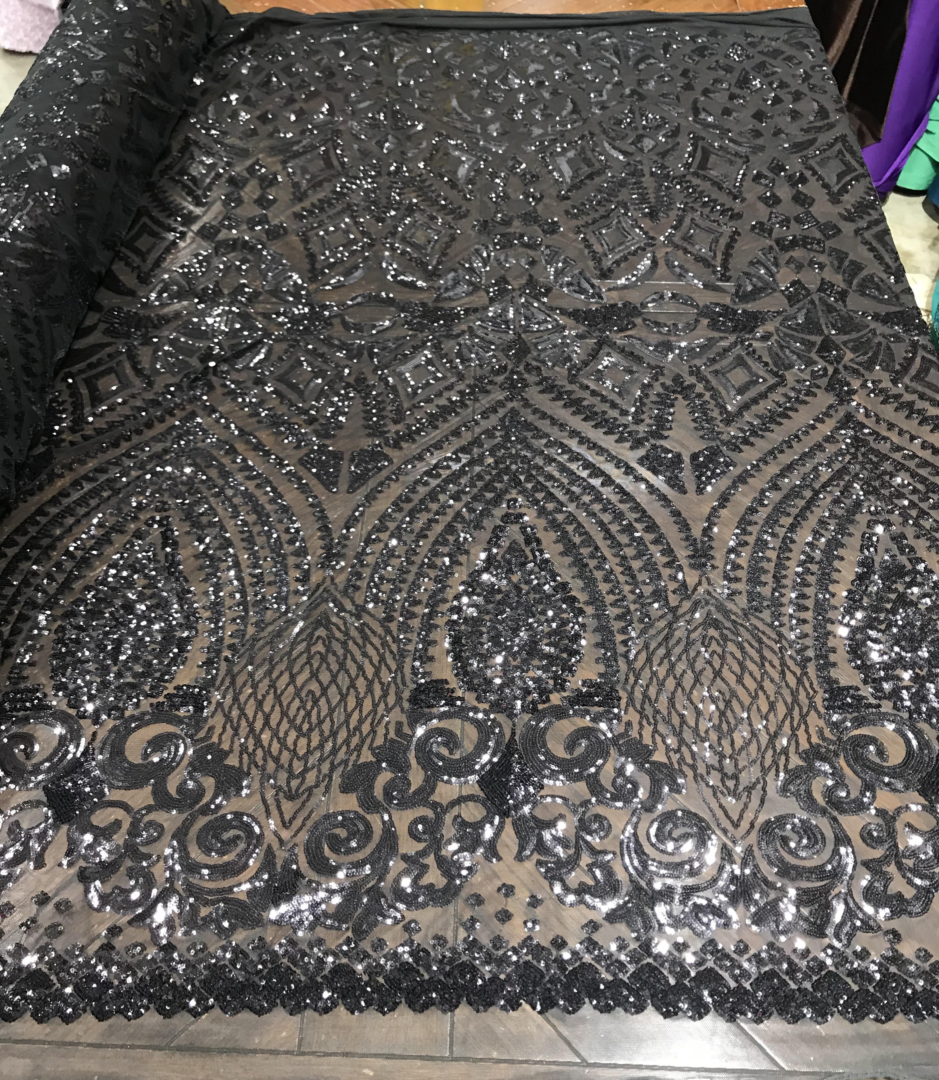 Geometric diamond design embroidery with sequins on a 4 way Stretch Mesh-dresses-prom-nightgown-sold by the yard