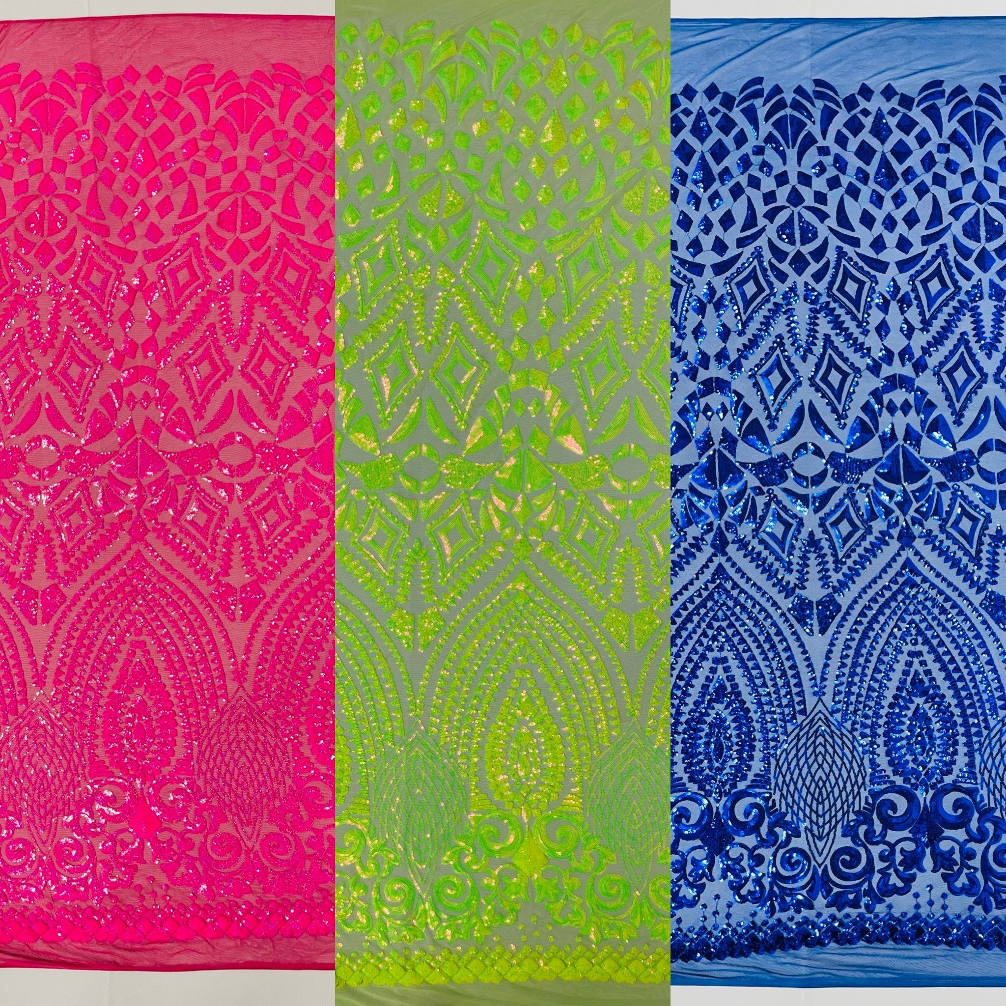 Geometric diamond design embroidery with sequins on a 4 way Stretch Mesh-dresses-prom-nightgown-sold by the yard