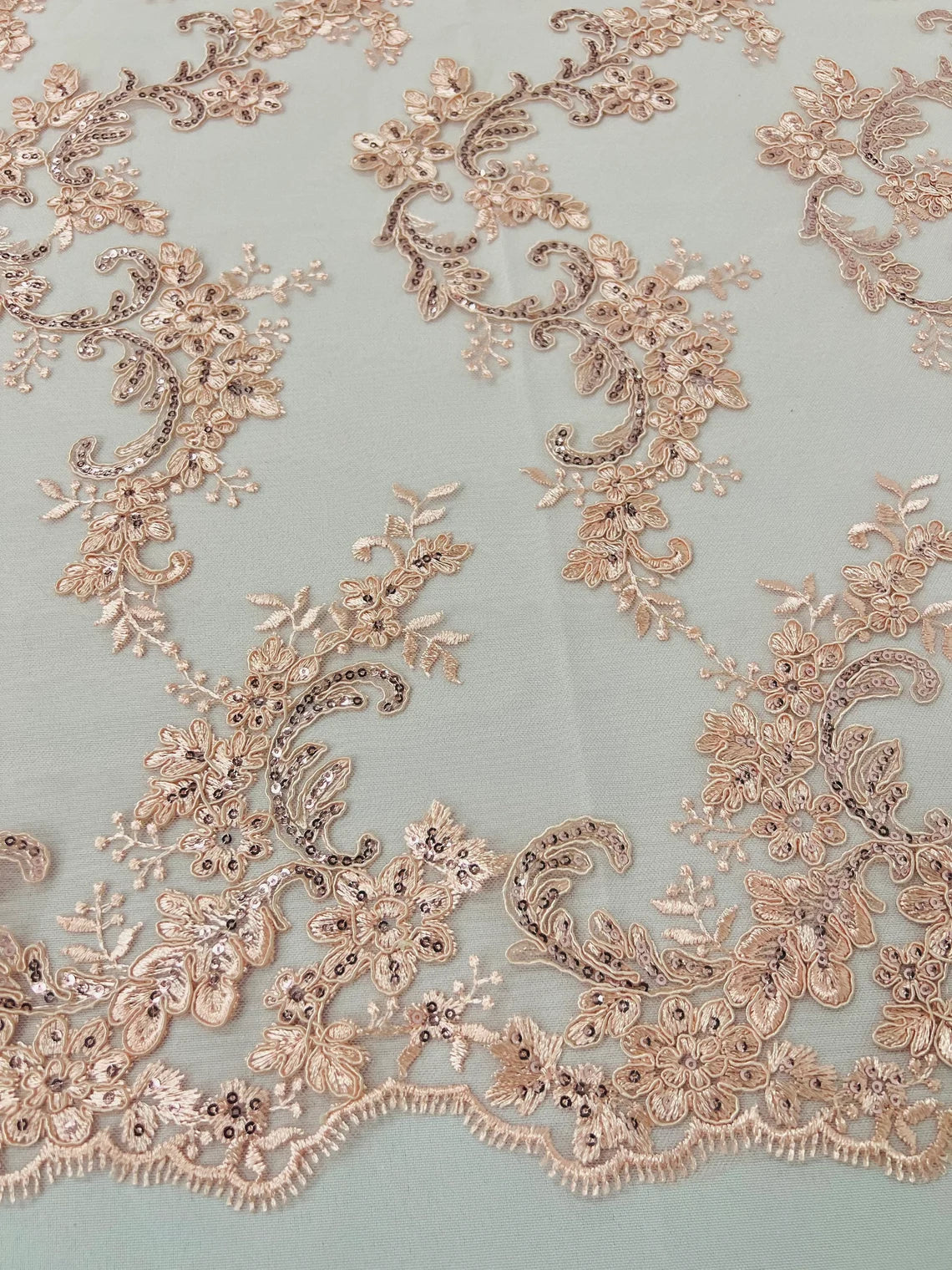 Flower Cluster Lace Sequins Fabric - Peach - Embroidery Floral Design Lace Fabric By Yard