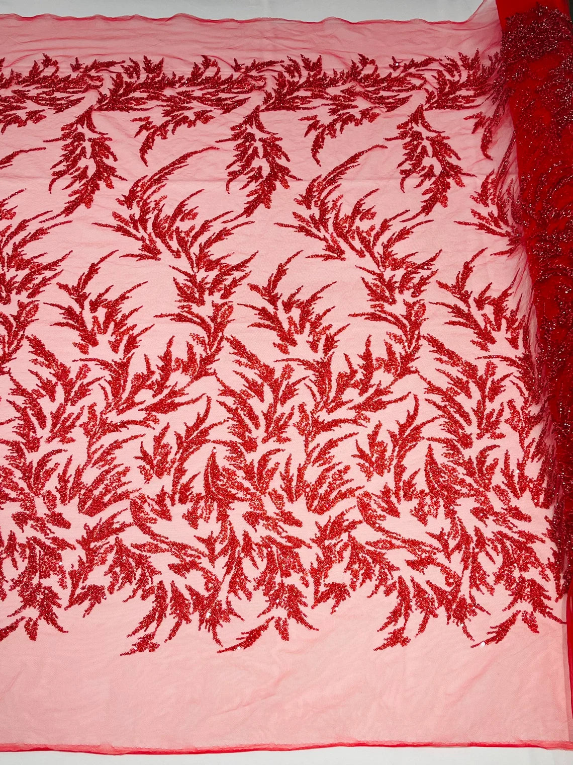 Long Leaf Plant Design Fabric - Red - Beaded Nature Leaf Sequins Design Fabric By Yard