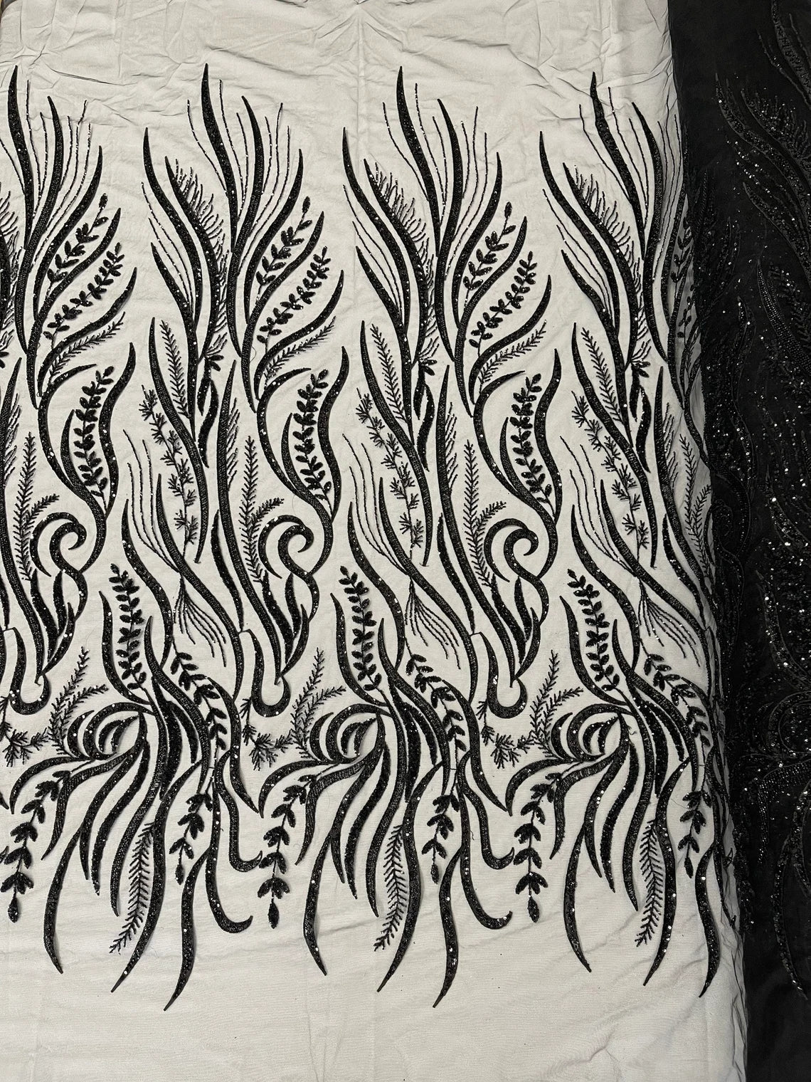 Sea Plants Design Bead Fabric - Black - Embroidered Beaded Sea Weed Design Fabric By Yard