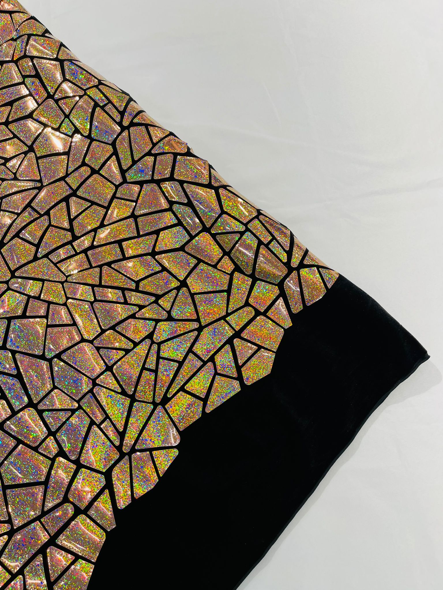 Broken Glass Sequin Design/Geometric/ On Black Stretch Velvet Fabric Sold By The Yard.