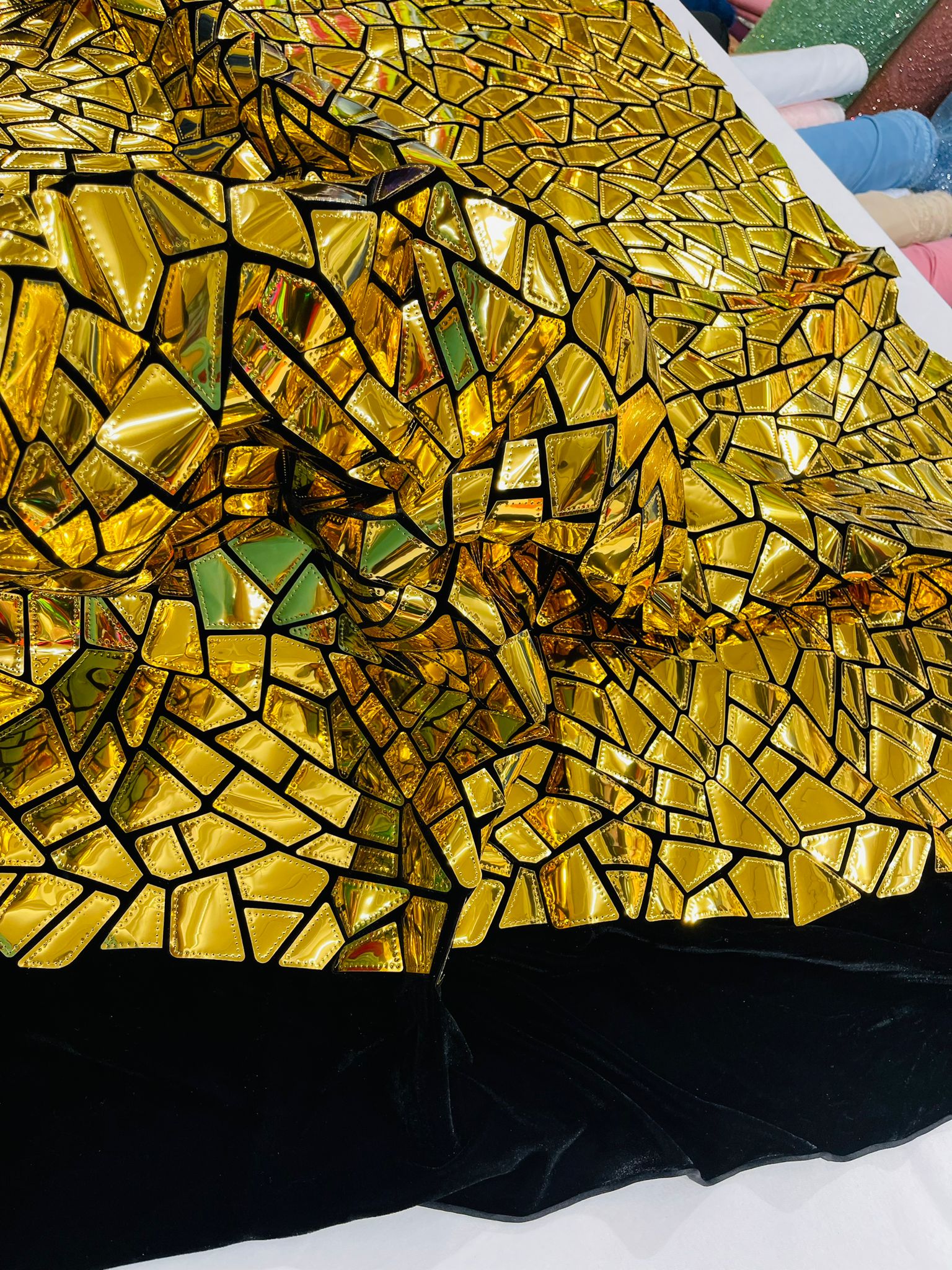 Broken Glass Sequin Design/Geometric/ On Black Stretch Velvet Fabric Sold By The Yard.