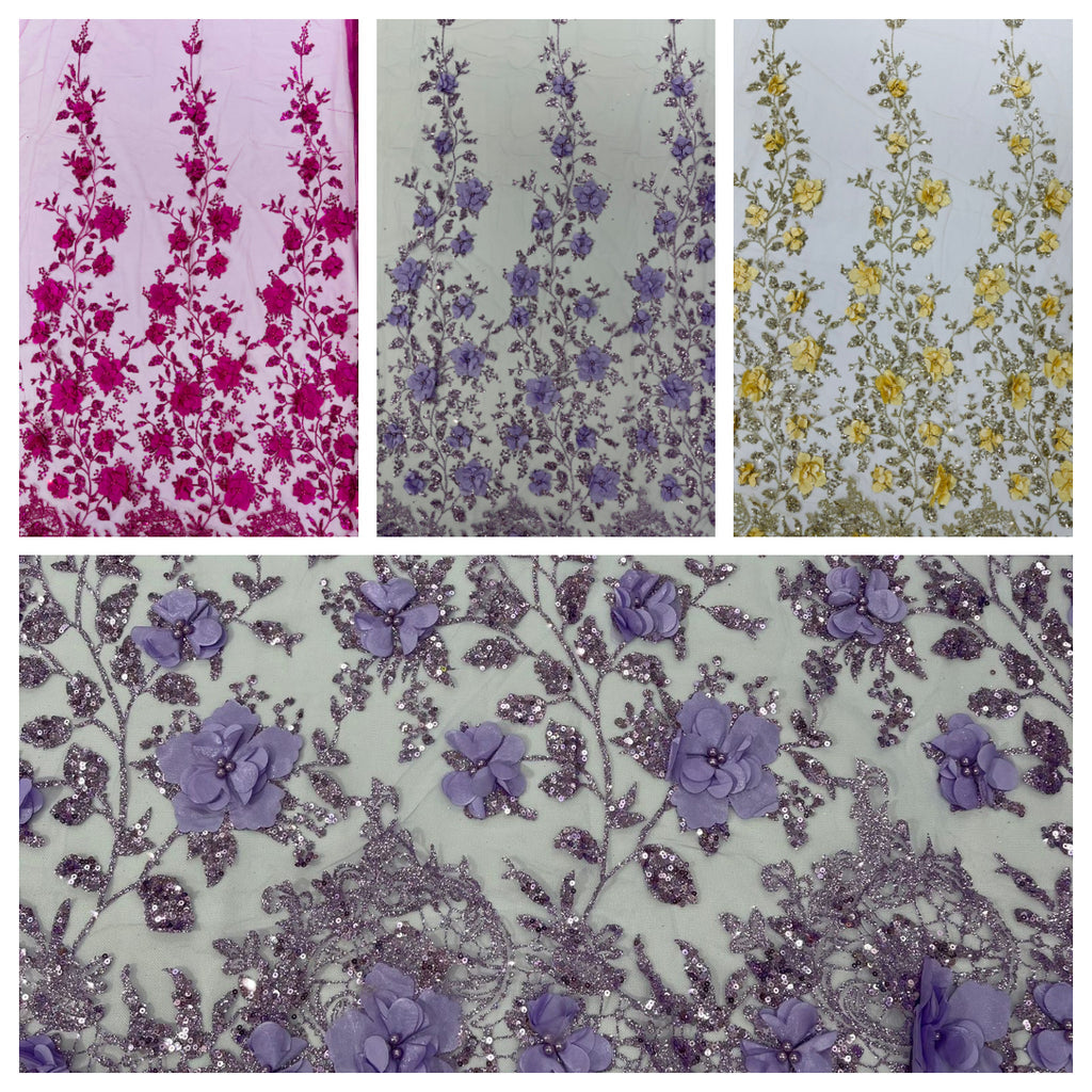 3d orquidia satin flower glitter sequin fabric/prom fabric/wedding lace/costume/apparel.