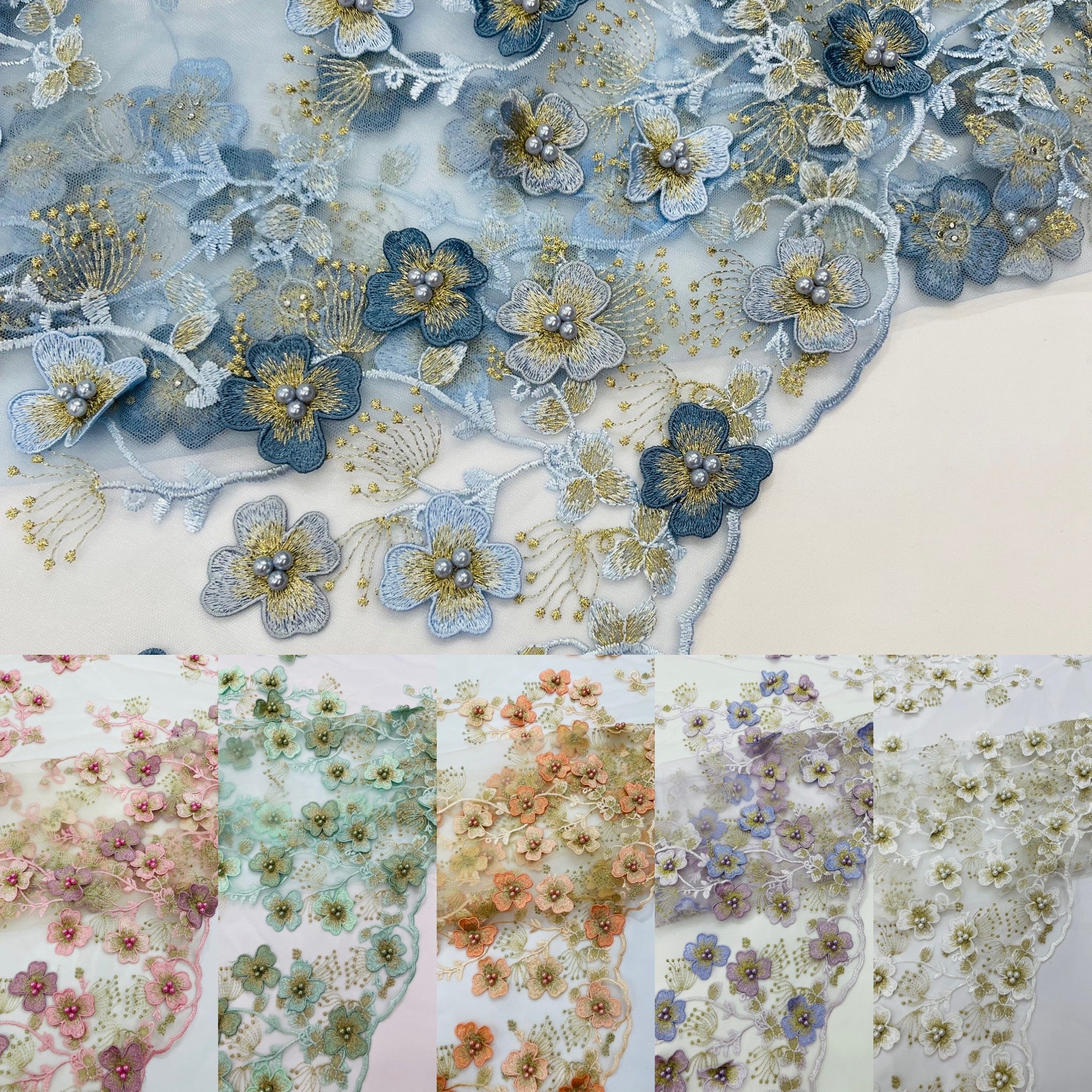 Multi Color 3D Floral design embroider with pearls in a mesh lace fabric -Sold by the yard