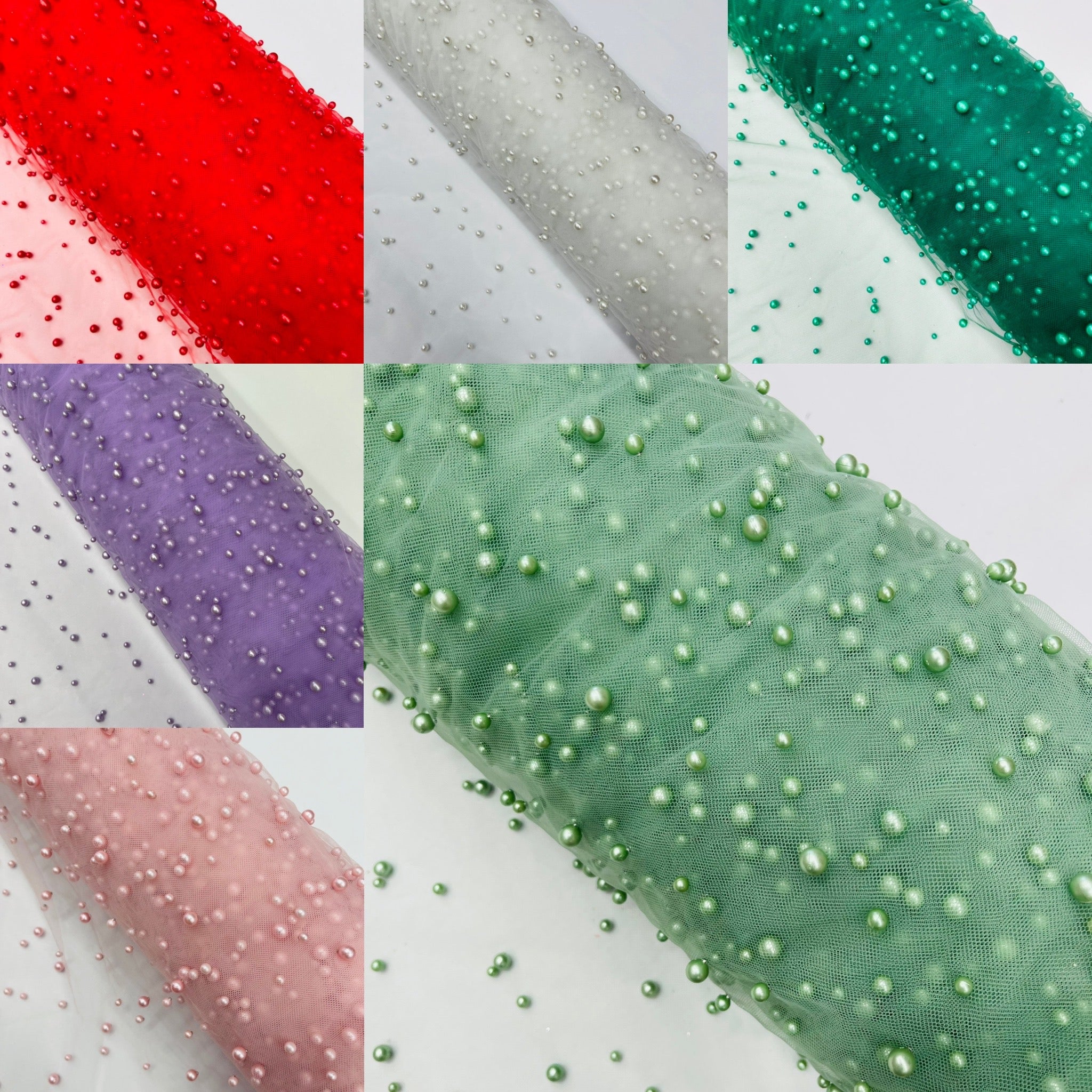 Scattered Pearls Studded Mesh, 2-Way Stretch, Sold by the yard.